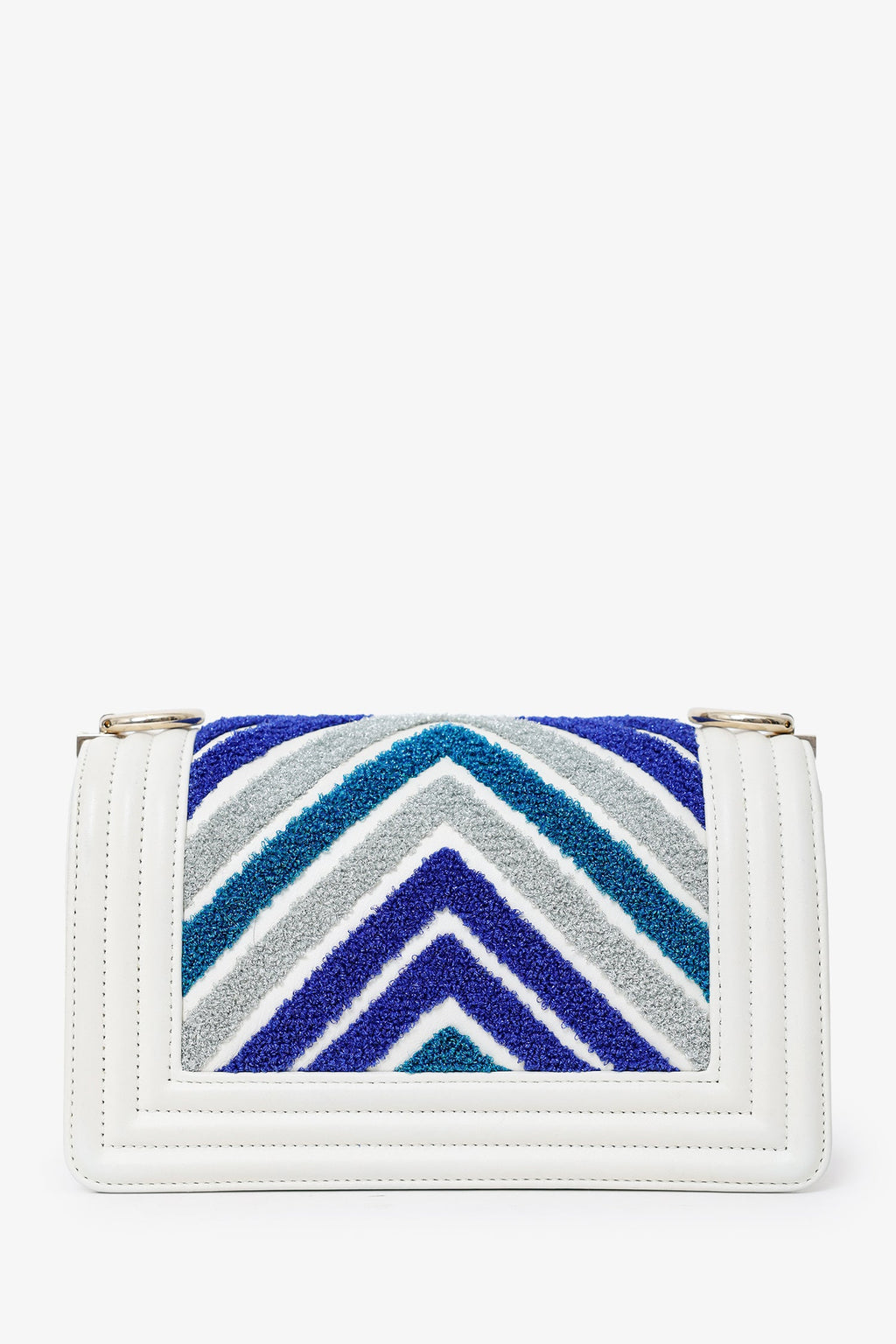 Chanel™ 2019 White/Blue Chevron Small Boy Shoulder Bag