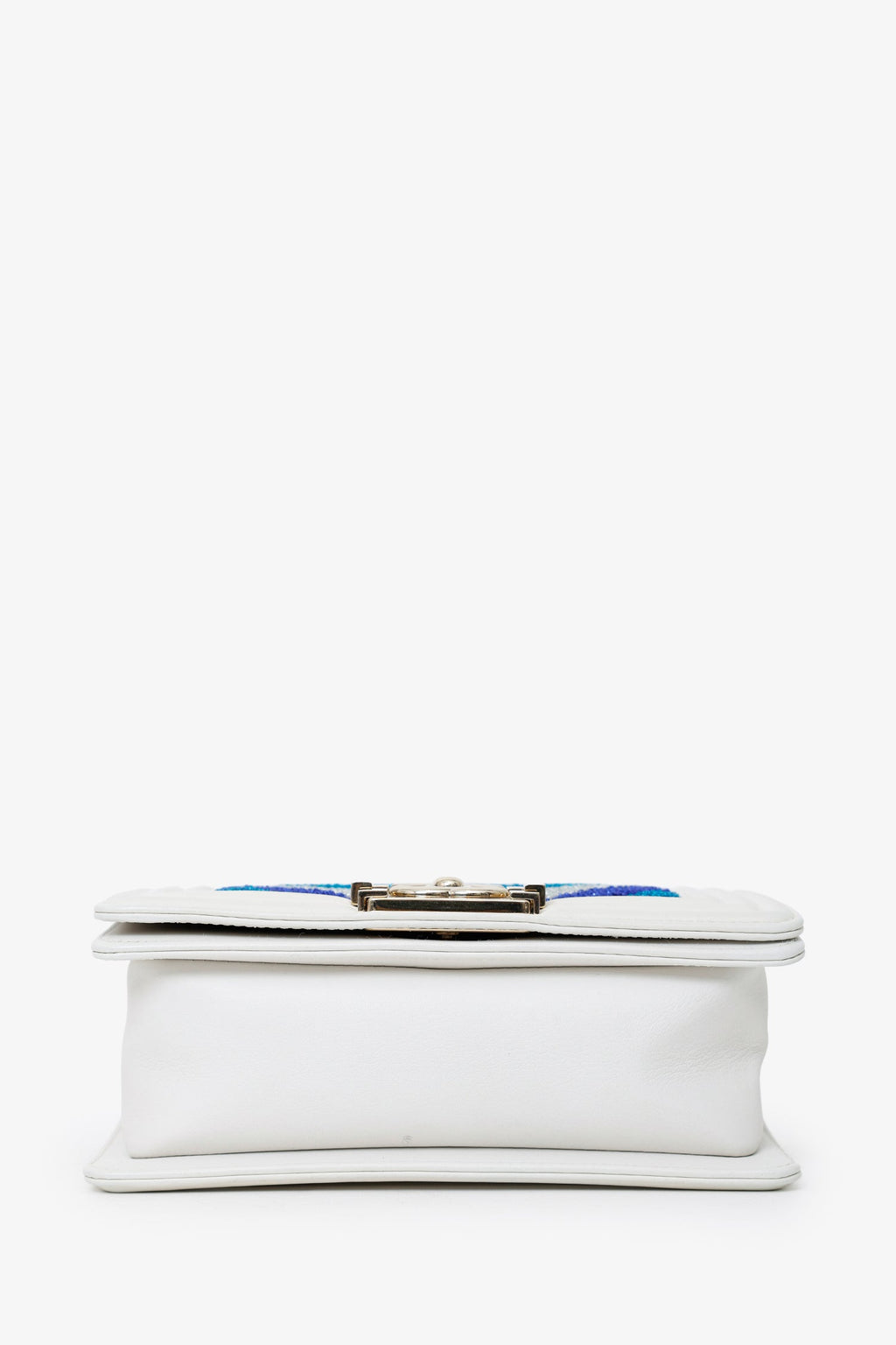 Chanel™ 2019 White/Blue Chevron Small Boy Shoulder Bag