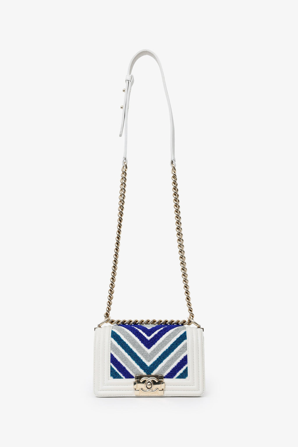 Chanel™ 2019 White/Blue Chevron Small Boy Shoulder Bag