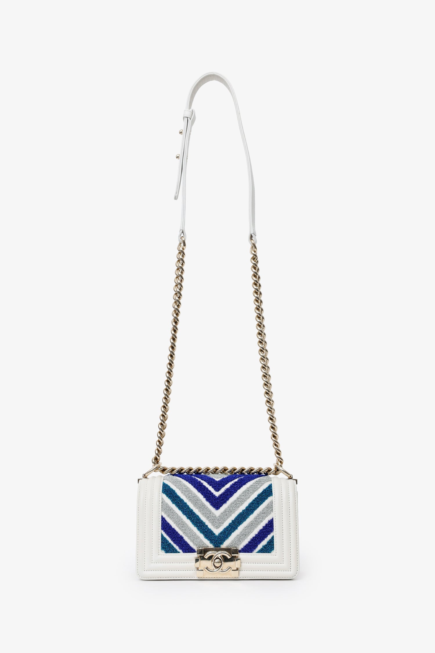 Chanel™ 2019 White/Blue Chevron Small Boy Shoulder Bag