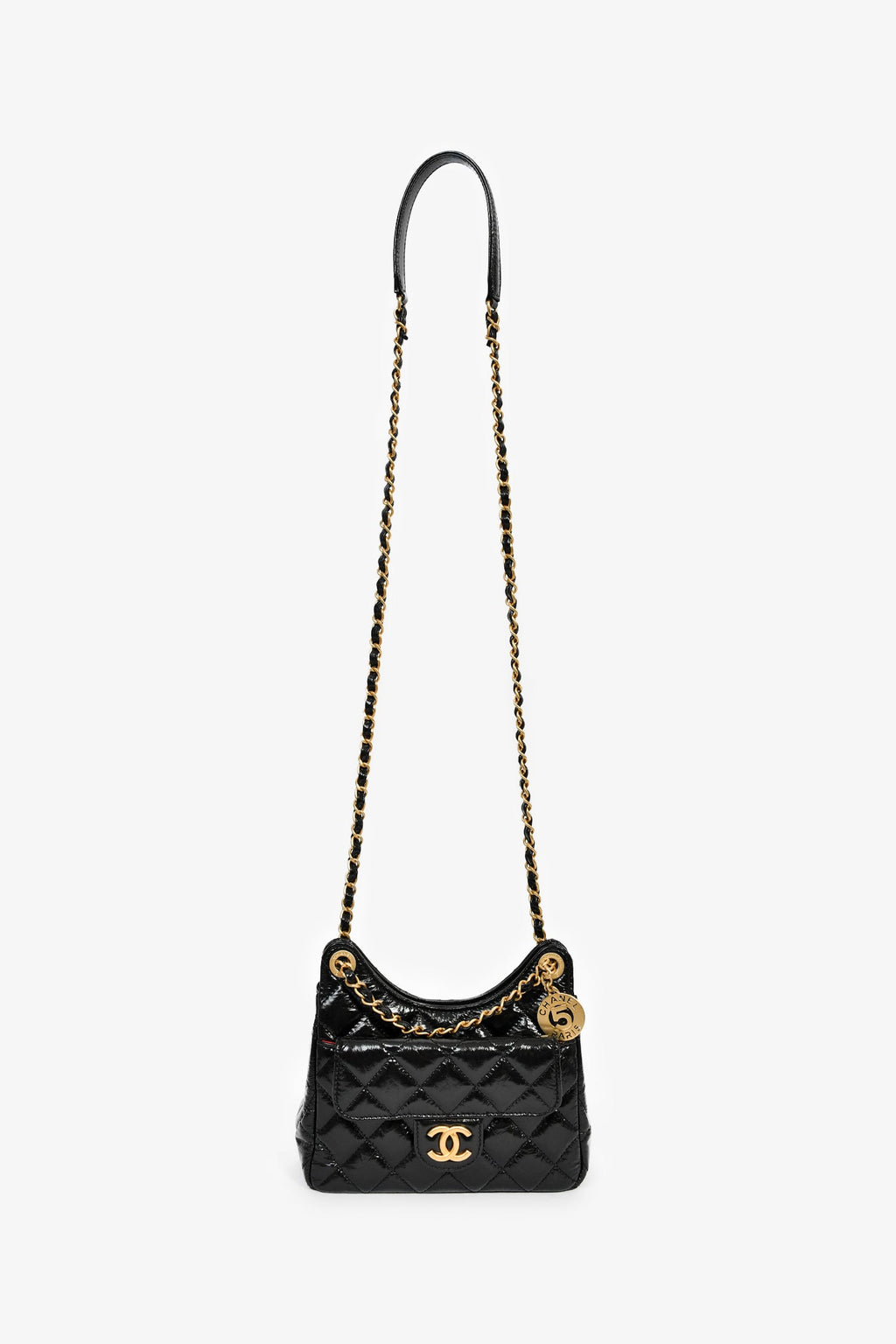 Chanel™ 2023 Black Patent Leather 'Wavy' CC Shoulder Bag