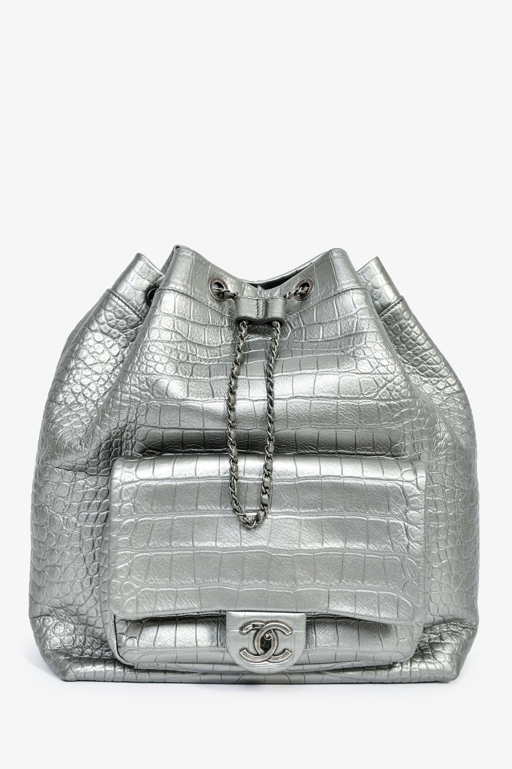 Chanel™ 2019 Silver Croc Embossed Pocket Backpack