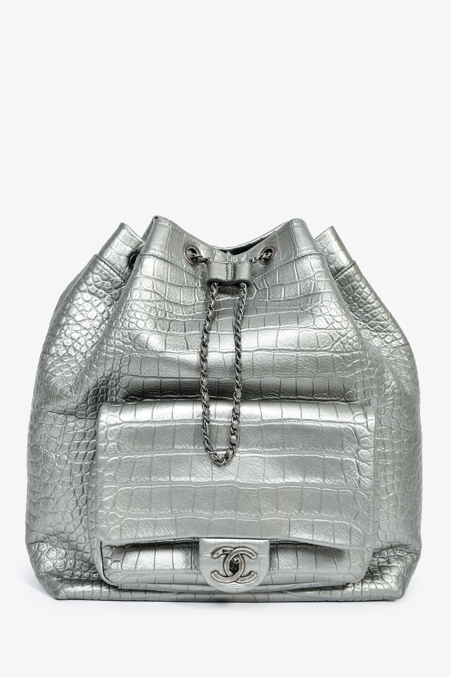 Chanel™ 2019 Silver Croc Embossed Pocket Backpack