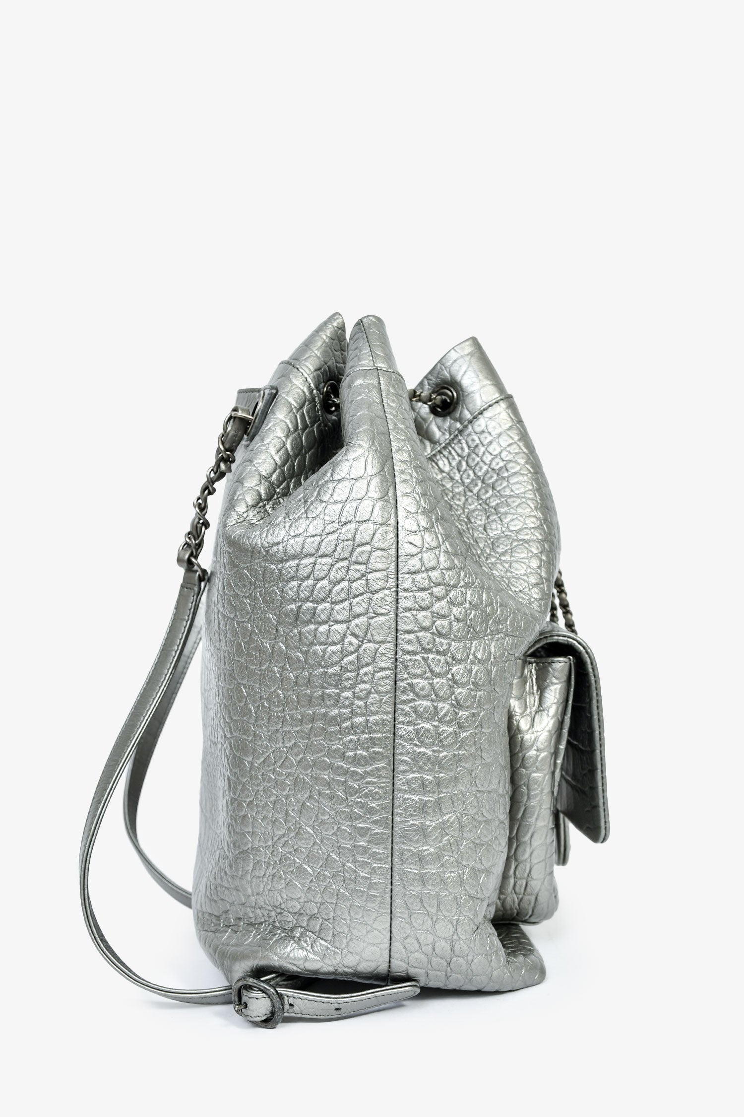 Chanel™ 2019 Silver Croc Embossed Pocket Backpack