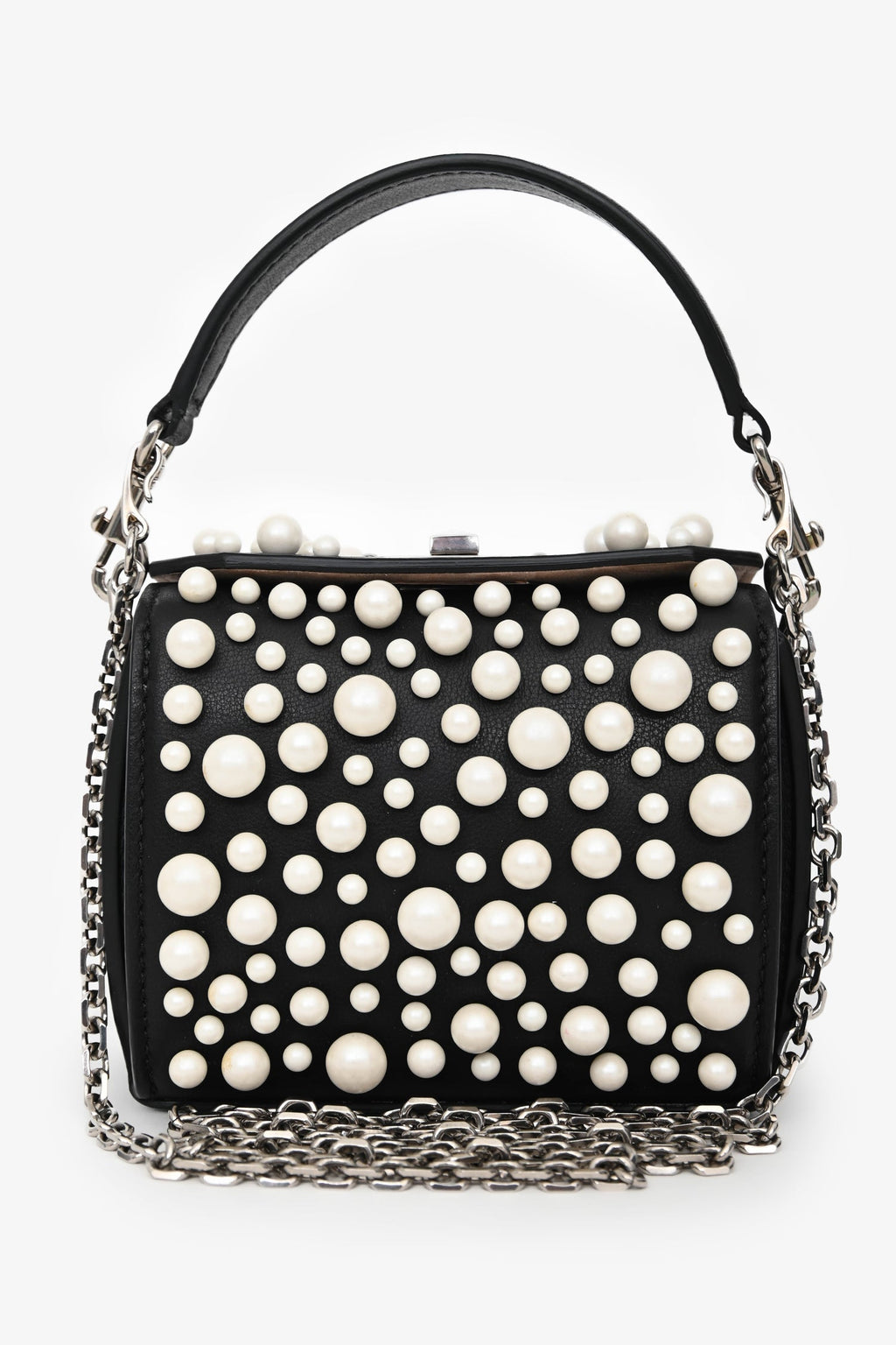 Alexander McQueen Black Leather Faux Pearl Embellished Box Crossbody