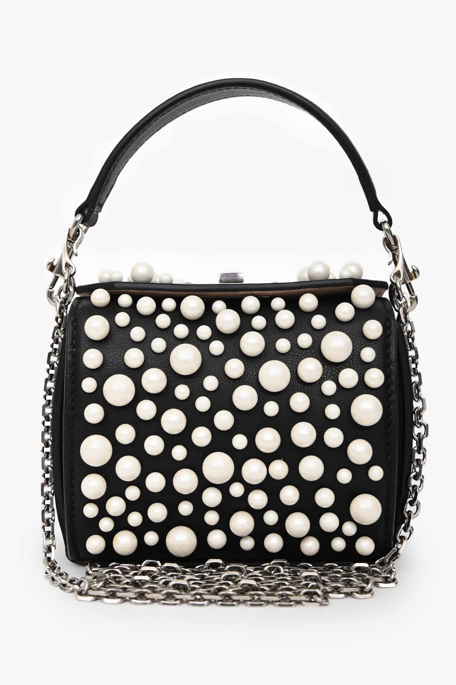 Alexander McQueen Black Leather Faux Pearl Embellished Box Crossbody