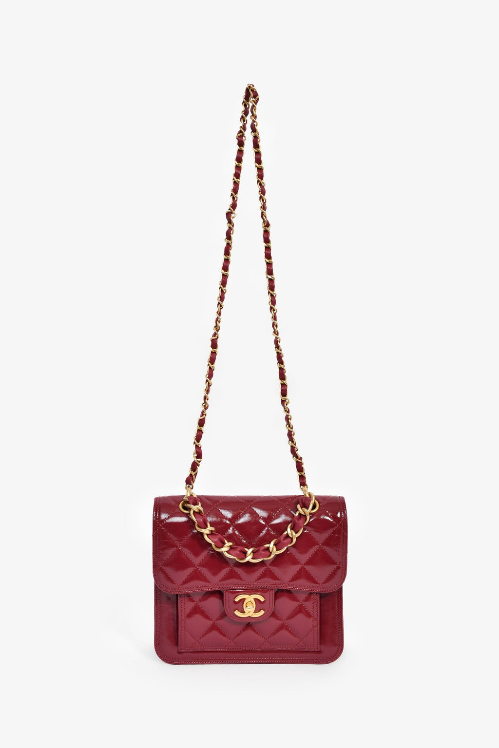 Chanel™ 2023 Raspberry Patent Quilted Leather Square Chain Bag
