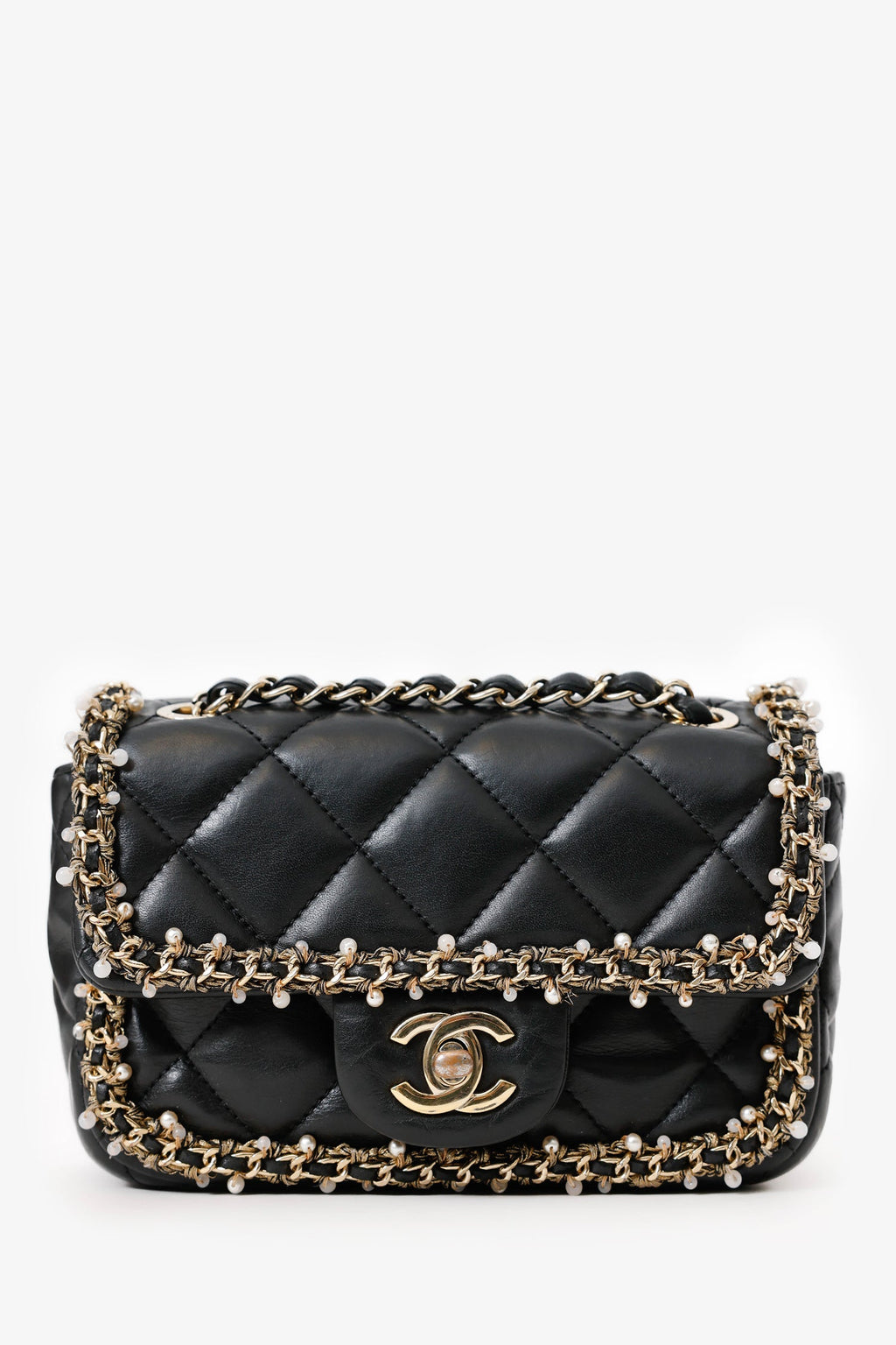 Chanel™ Black Lambskin Pearl Chain Around Square Flap Bag