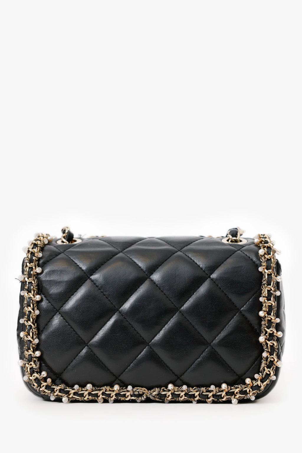 Chanel™ Black Lambskin Pearl Chain Around Square Flap Bag