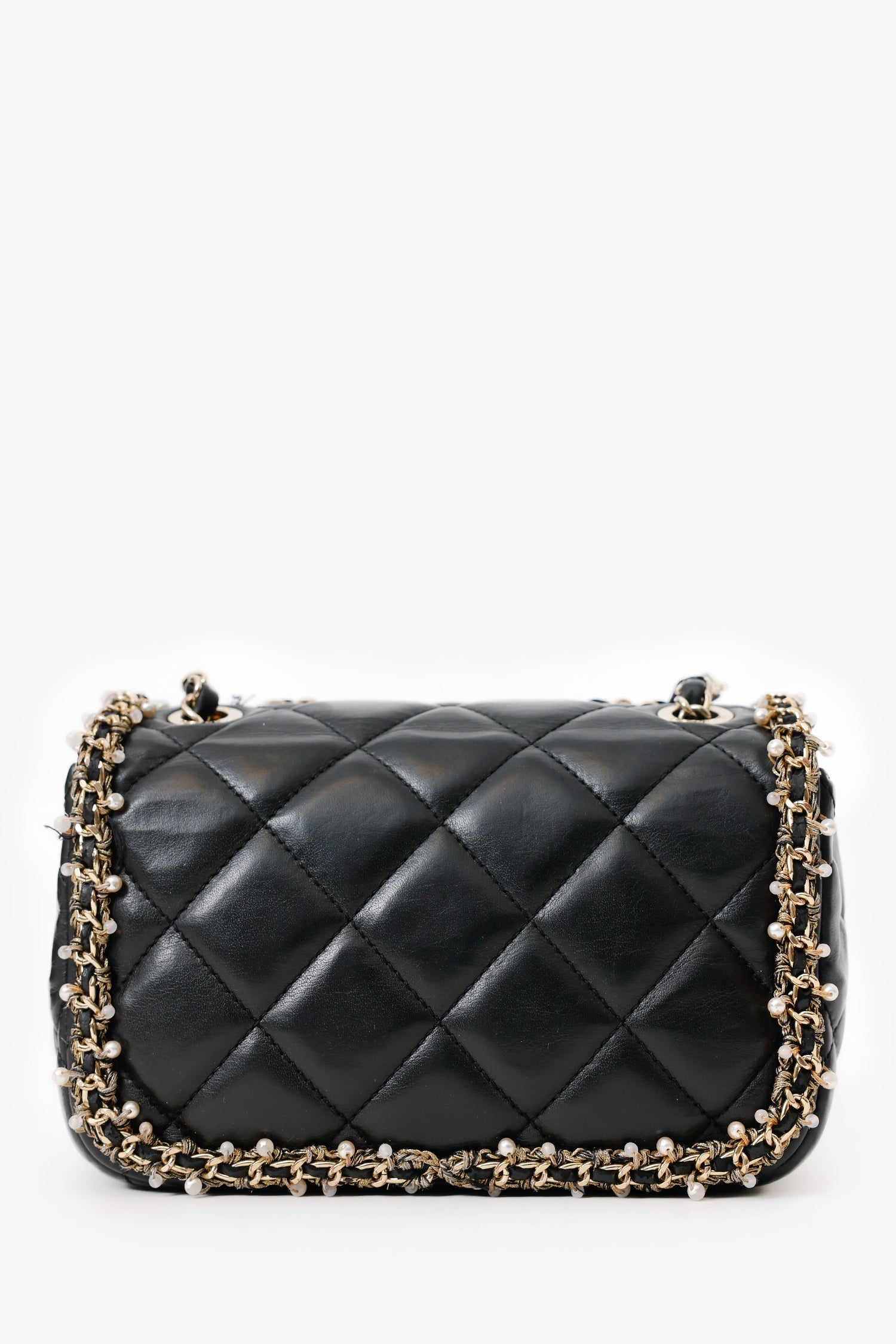 Chanel™ Black Lambskin Pearl Chain Around Square Flap Bag
