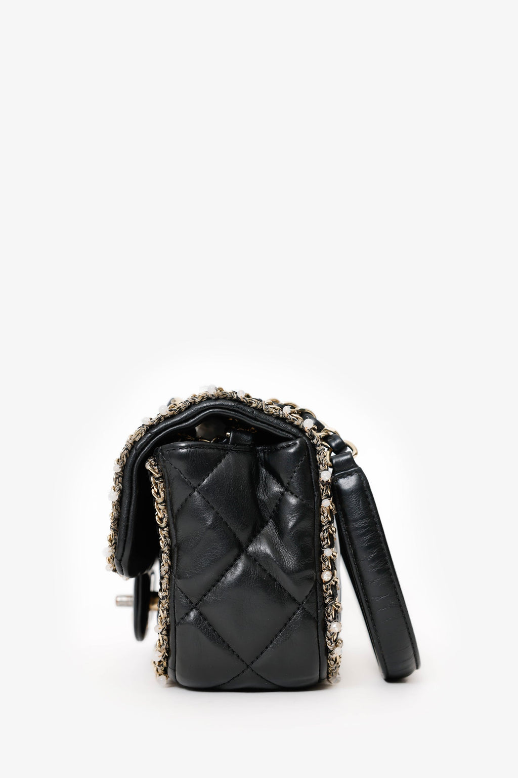 Chanel™ Black Lambskin Pearl Chain Around Square Flap Bag