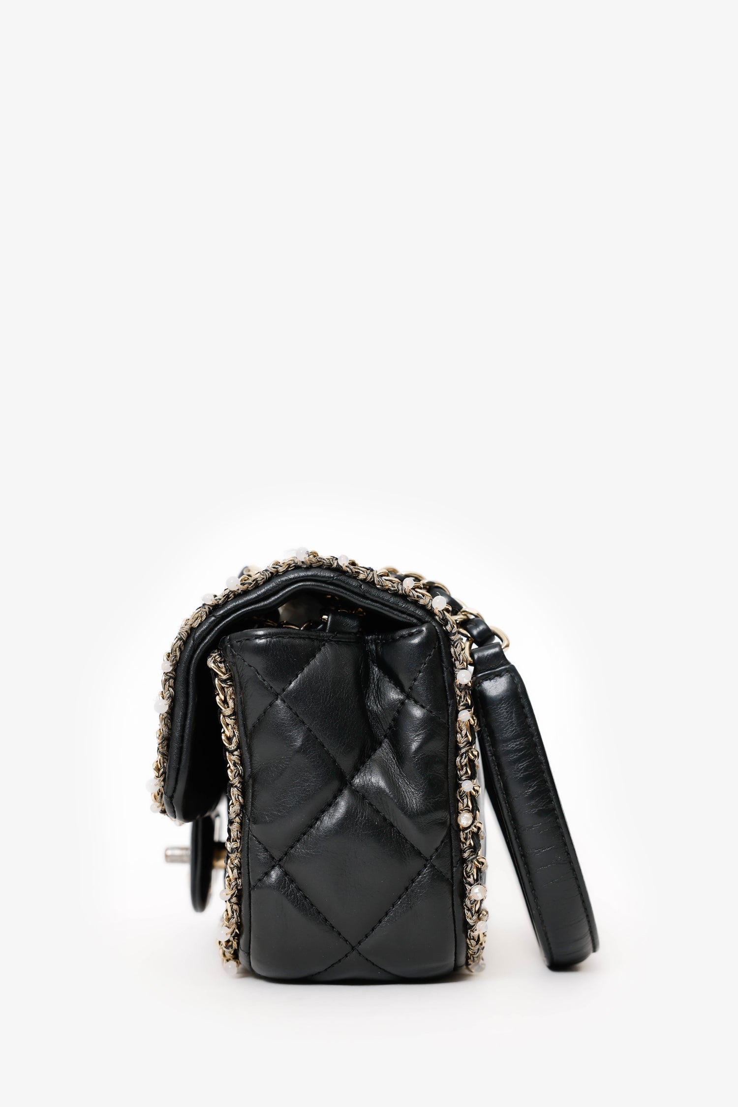 Chanel™ Black Lambskin Pearl Chain Around Square Flap Bag