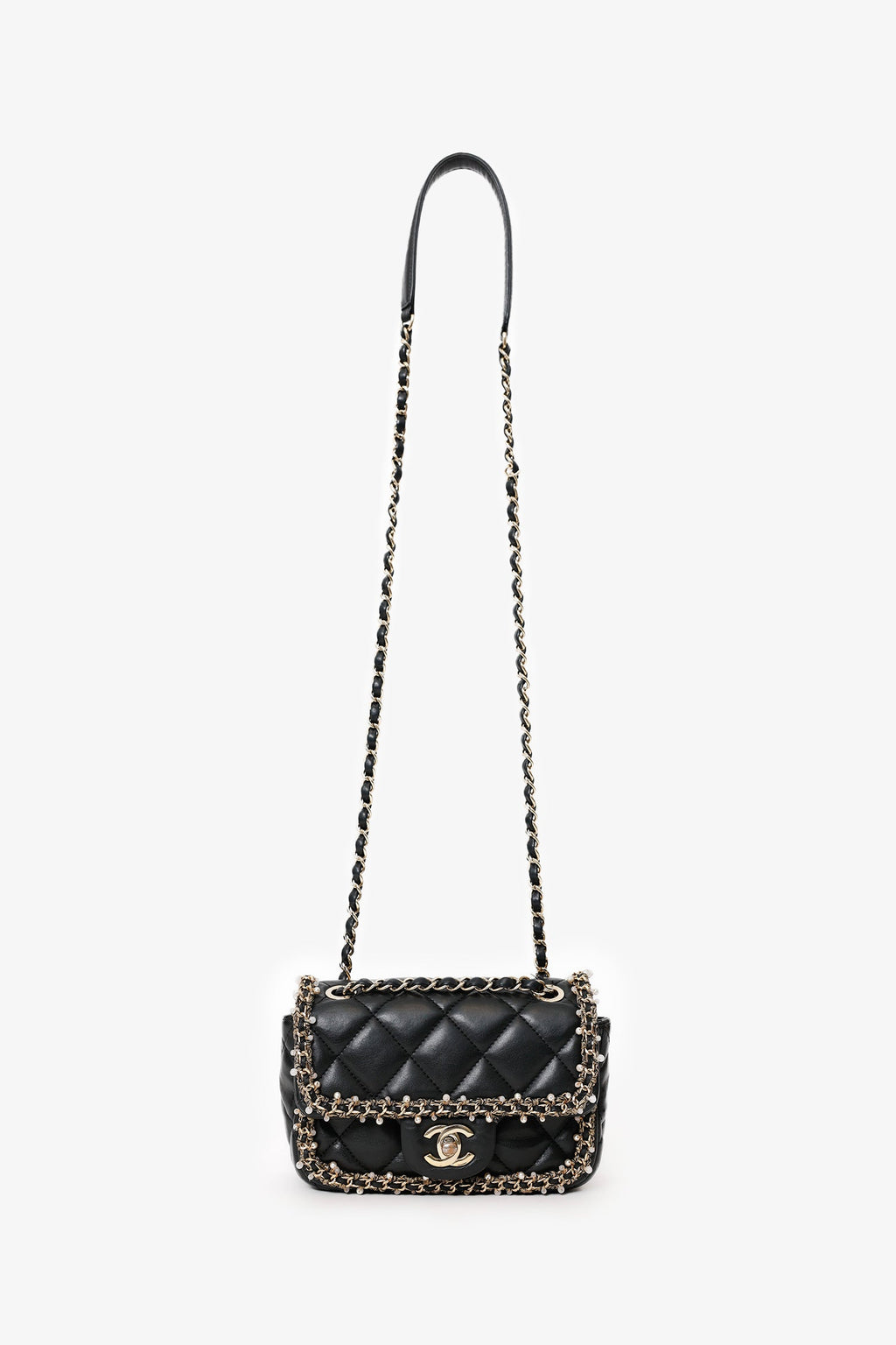 Chanel™ Black Lambskin Pearl Chain Around Square Flap Bag