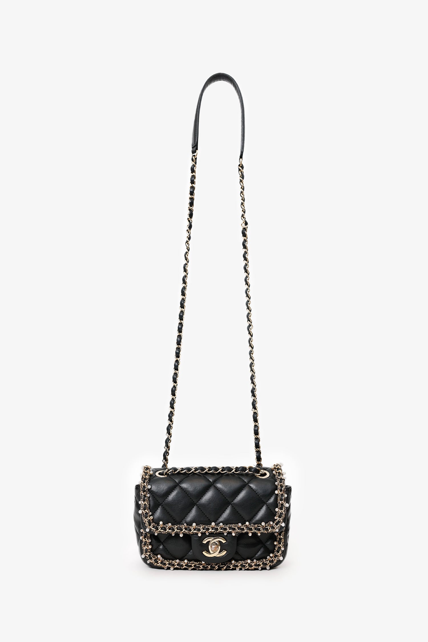 Chanel™ Black Lambskin Pearl Chain Around Square Flap Bag