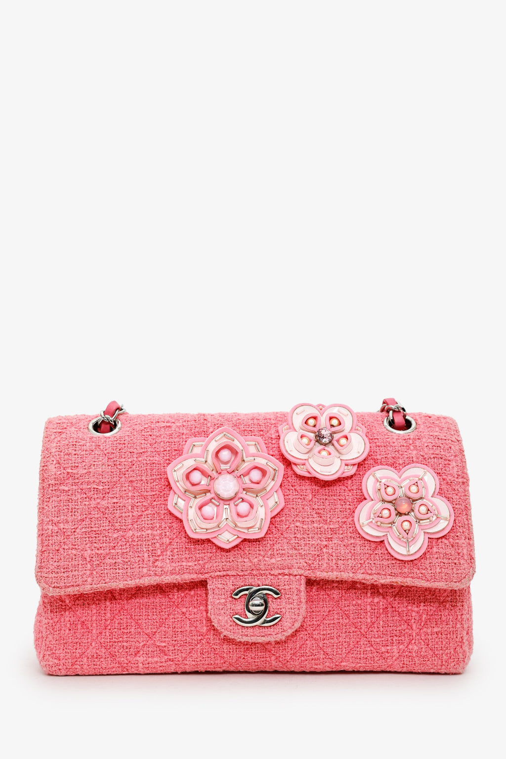 Chanel™ 2016 Pink Tweed Flower Classic Double Medium Flap Bag