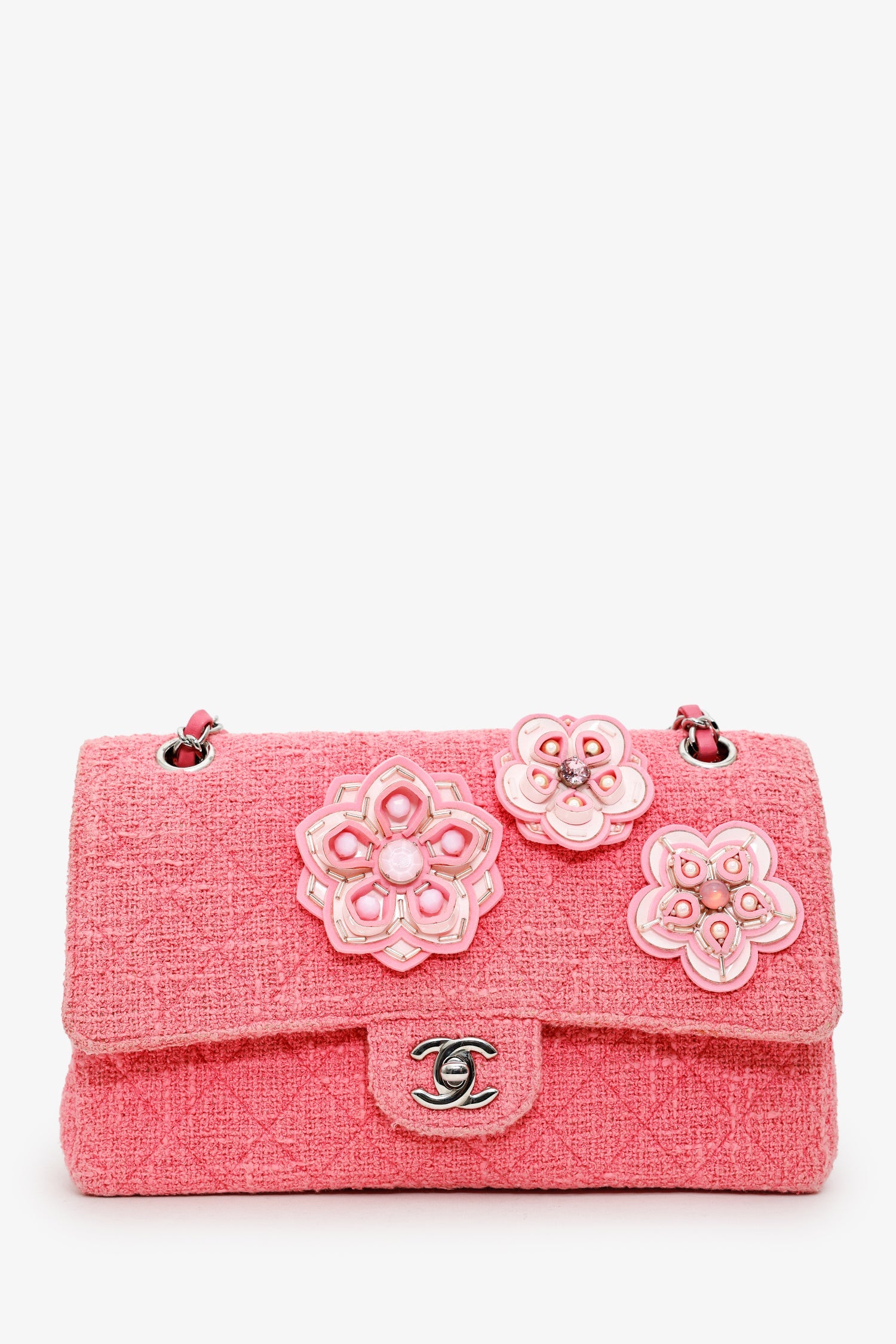 Chanel™ 2016 Pink Tweed Flower Classic Double Medium Flap Bag