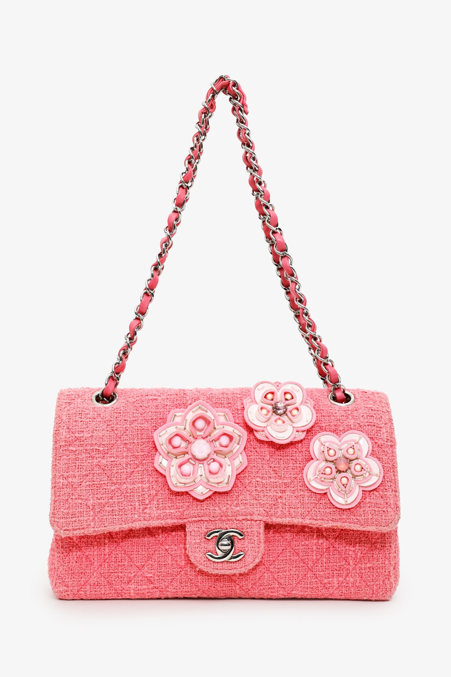 Chanel™ 2016 Pink Tweed Flower Classic Double Medium Flap Bag