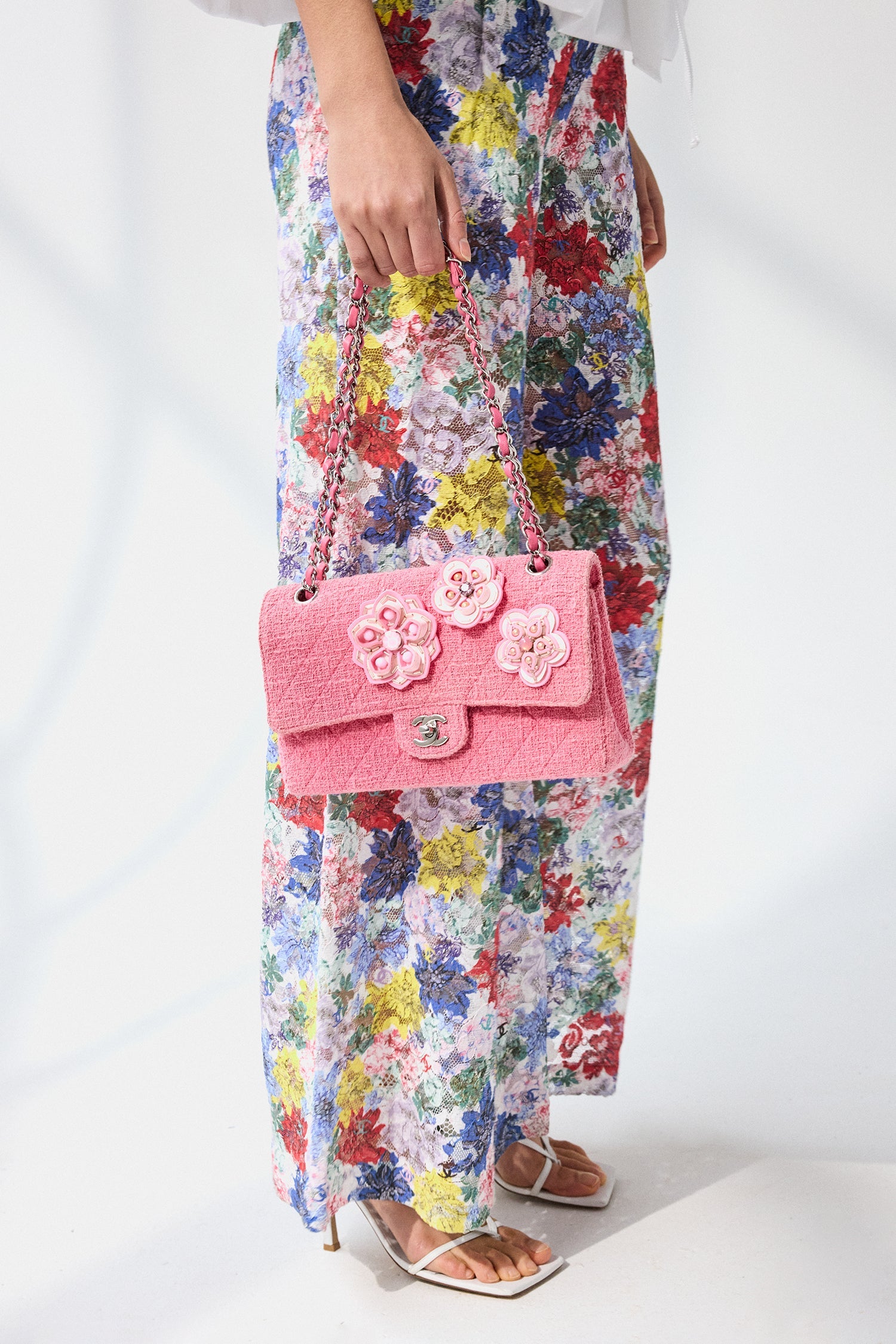 Chanel™ 2016 Pink Tweed Flower Classic Double Medium Flap Bag