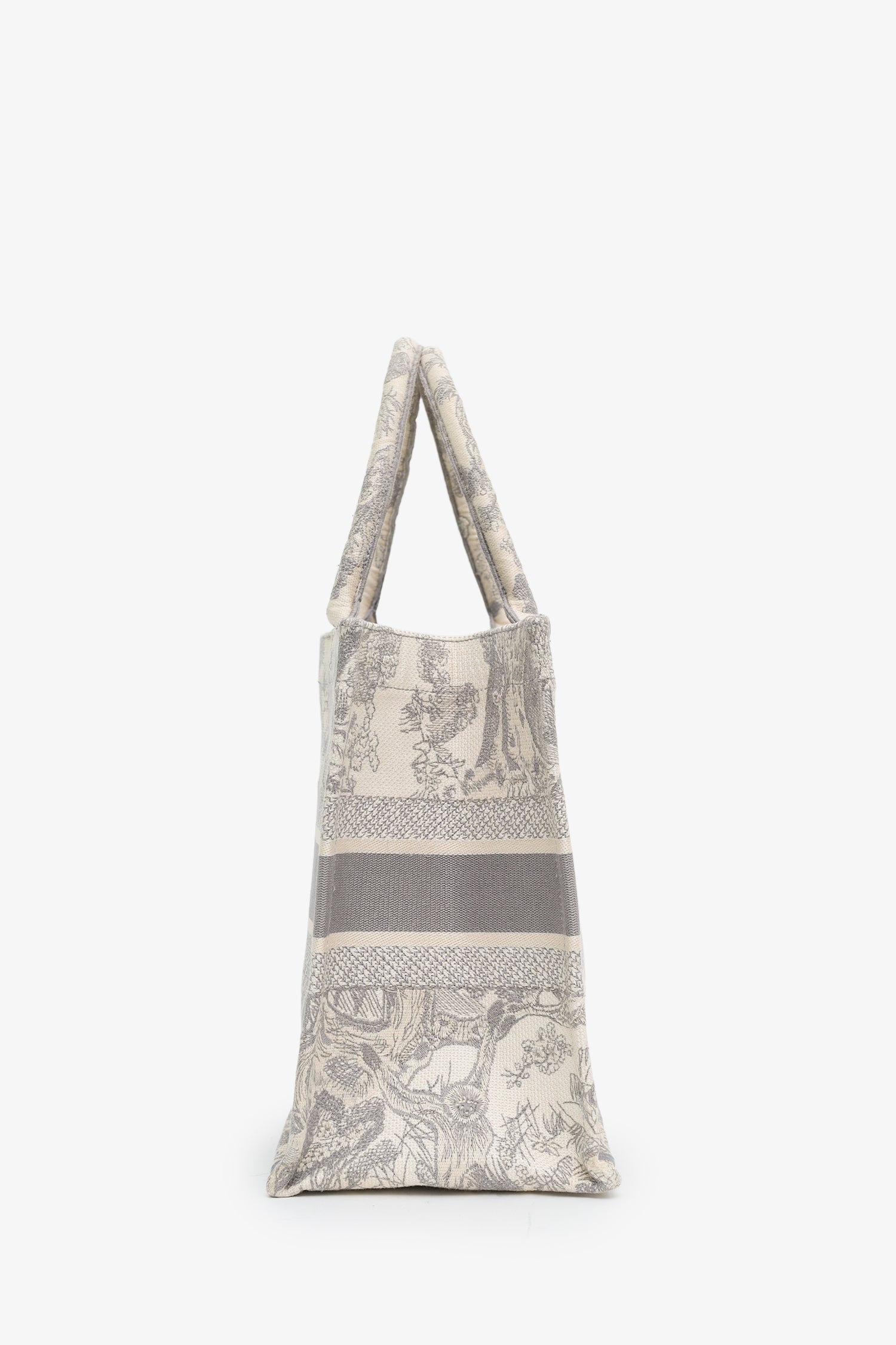 Christian Dior 2021 Grey Canvas Toile de Jouy Embroidered Medium Book Tote