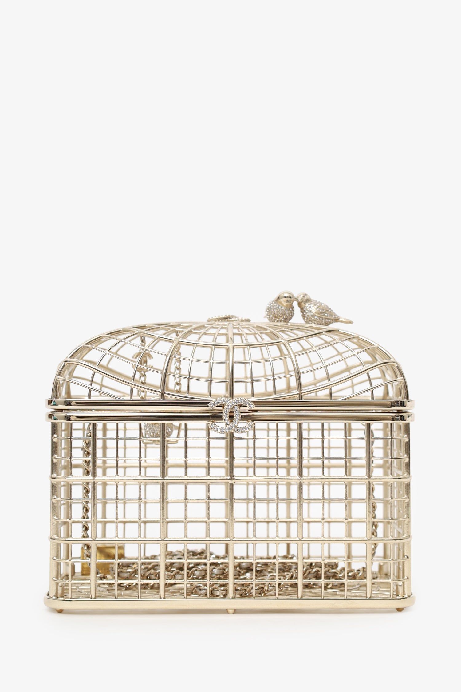 Chanel™ 2025 S/S Runway Gold Toned Metal Crystal Strass 'Bird Cage Minaudière' Bag