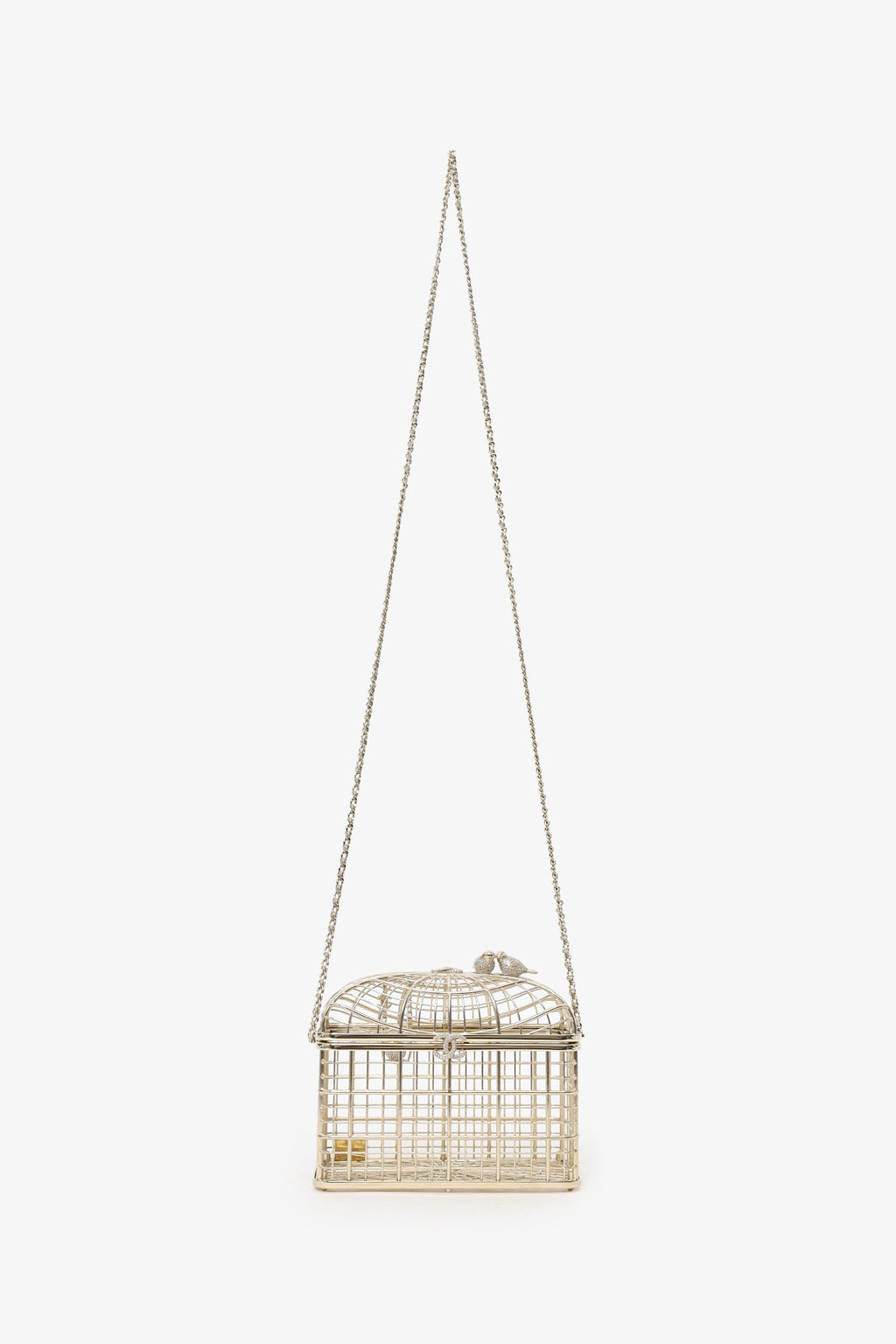 Chanel™ 2025 S/S Runway Gold Toned Metal Crystal Strass 'Bird Cage Minaudière' Bag