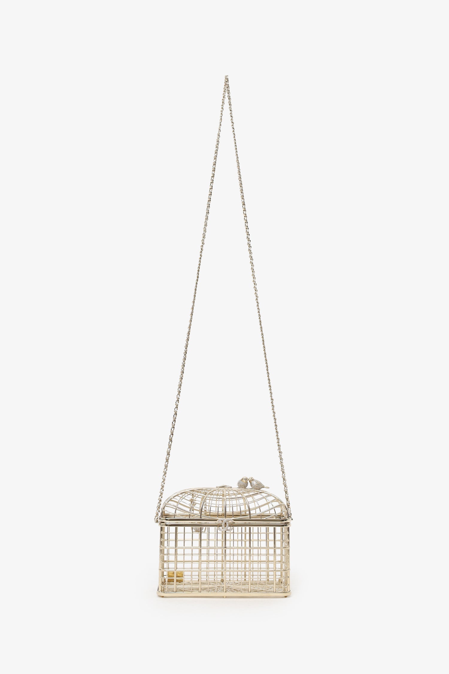Chanel™ 2025 S/S Runway Gold Toned Metal Crystal Strass 'Bird Cage Minaudière' Bag