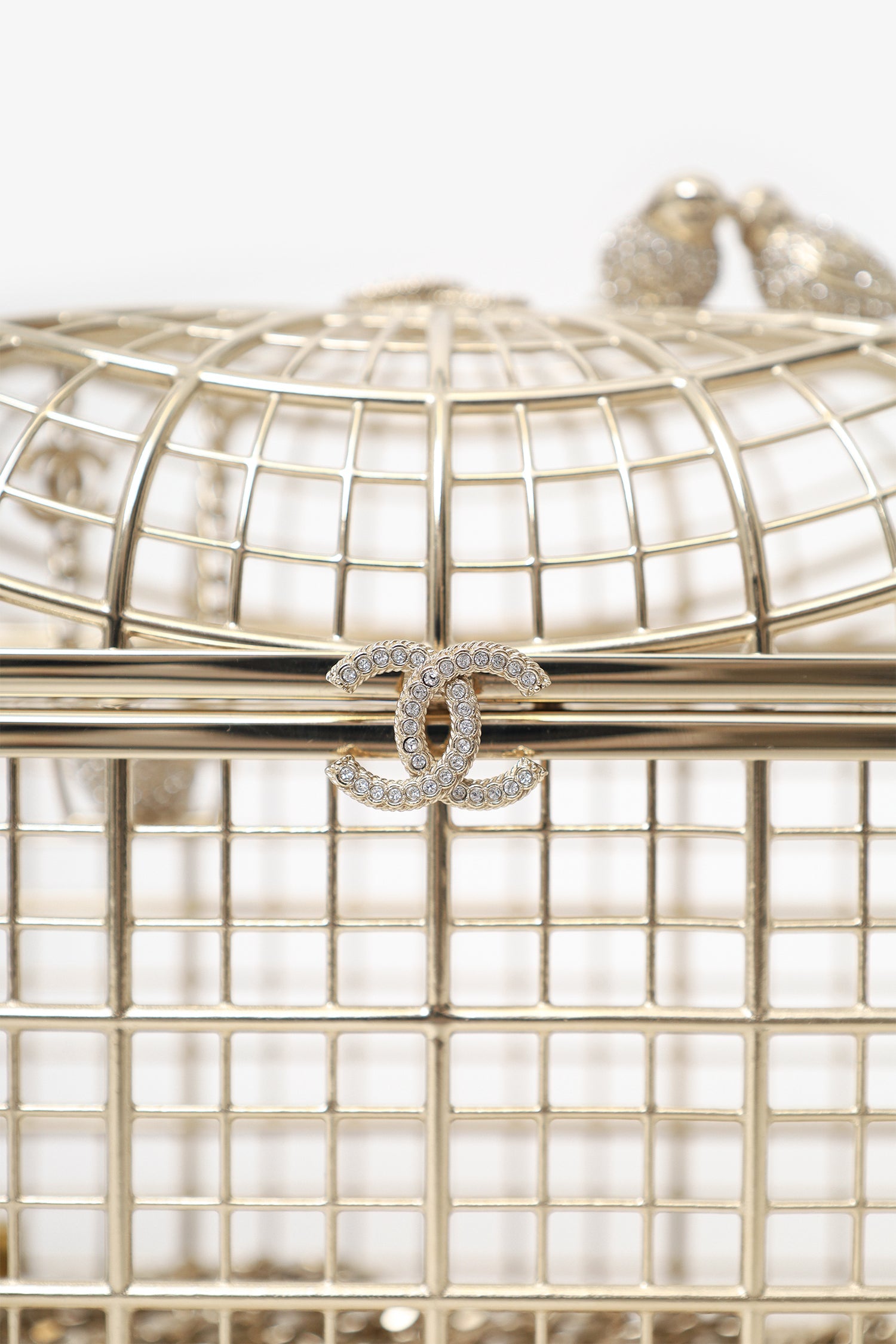 Chanel™ 2025 S/S Runway Gold Toned Metal Crystal Strass 'Bird Cage Minaudière' Bag