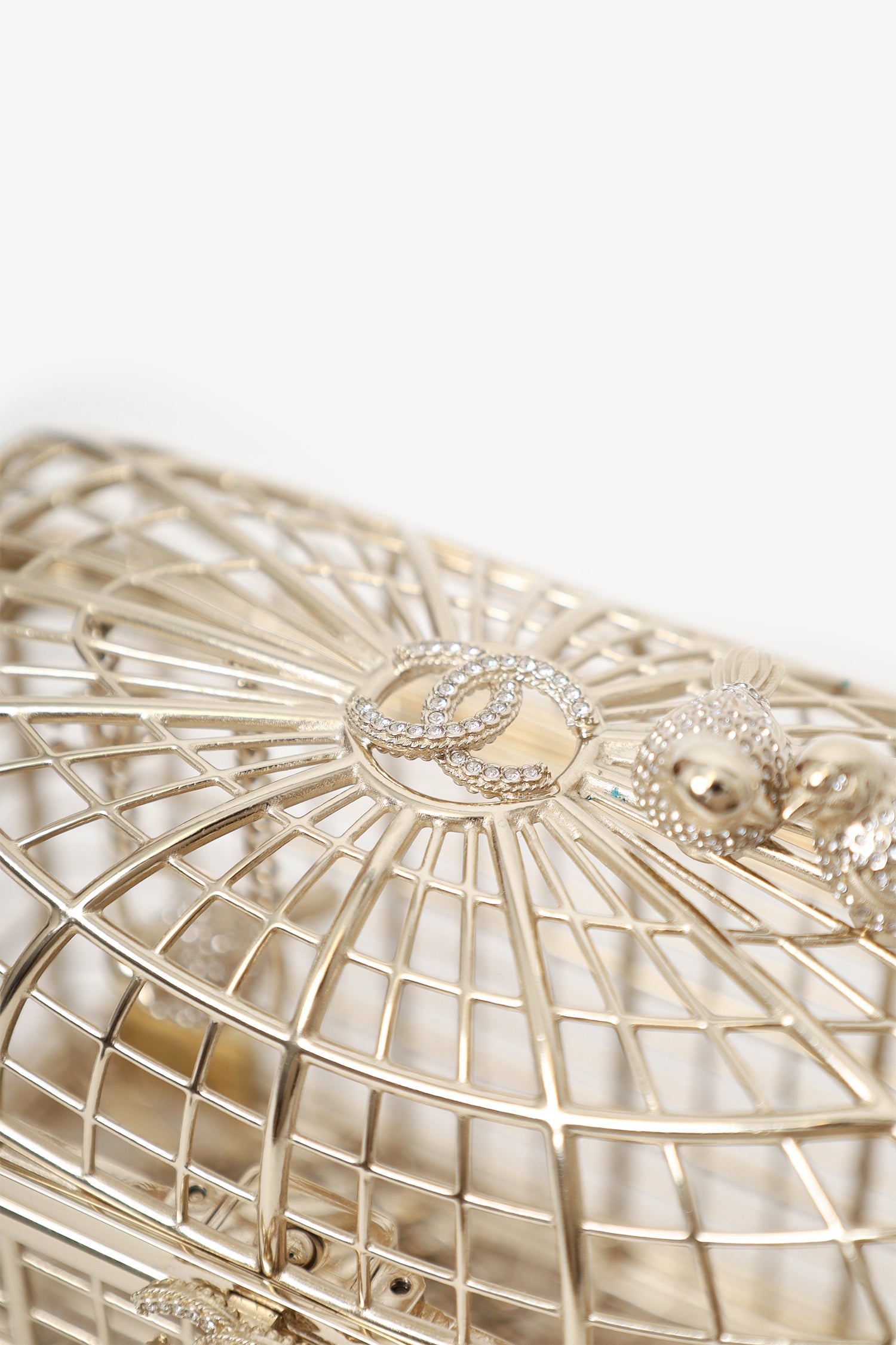 Chanel™ 2025 S/S Runway Gold Toned Metal Crystal Strass 'Bird Cage Minaudière' Bag