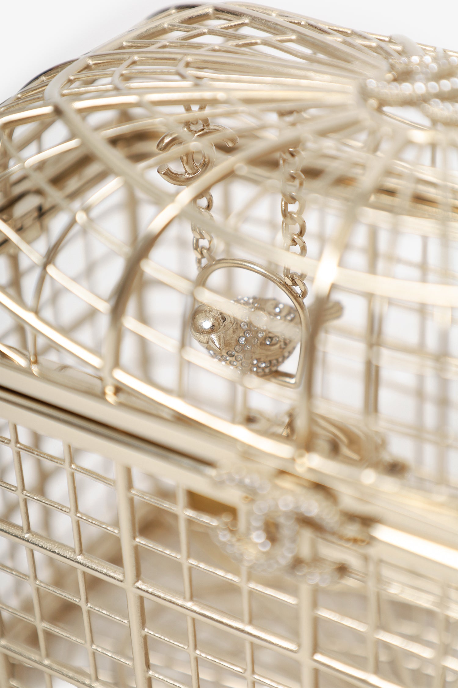 Chanel™ 2025 S/S Runway Gold Toned Metal Crystal Strass 'Bird Cage Minaudière' Bag