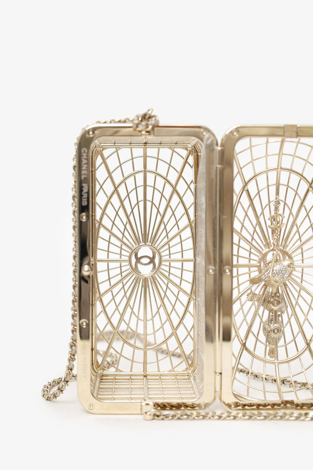 Chanel™ 2025 S/S Runway Gold Toned Metal Crystal Strass 'Bird Cage Minaudière' Bag