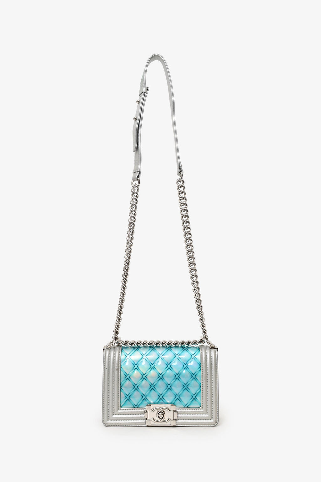 Chanel™ 2018 Iridescent Silver/Blue Leather/PVC Water Boy Small Bag