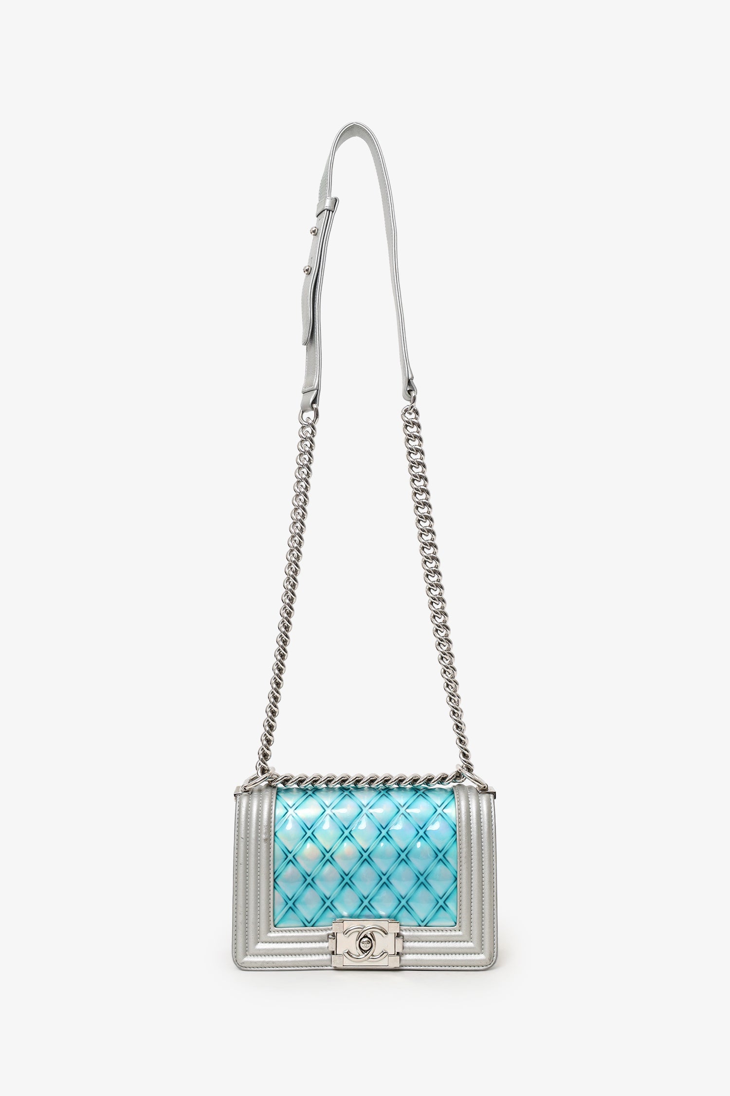 Chanel™ 2018 Iridescent Silver/Blue Leather/PVC Water Boy Small Bag