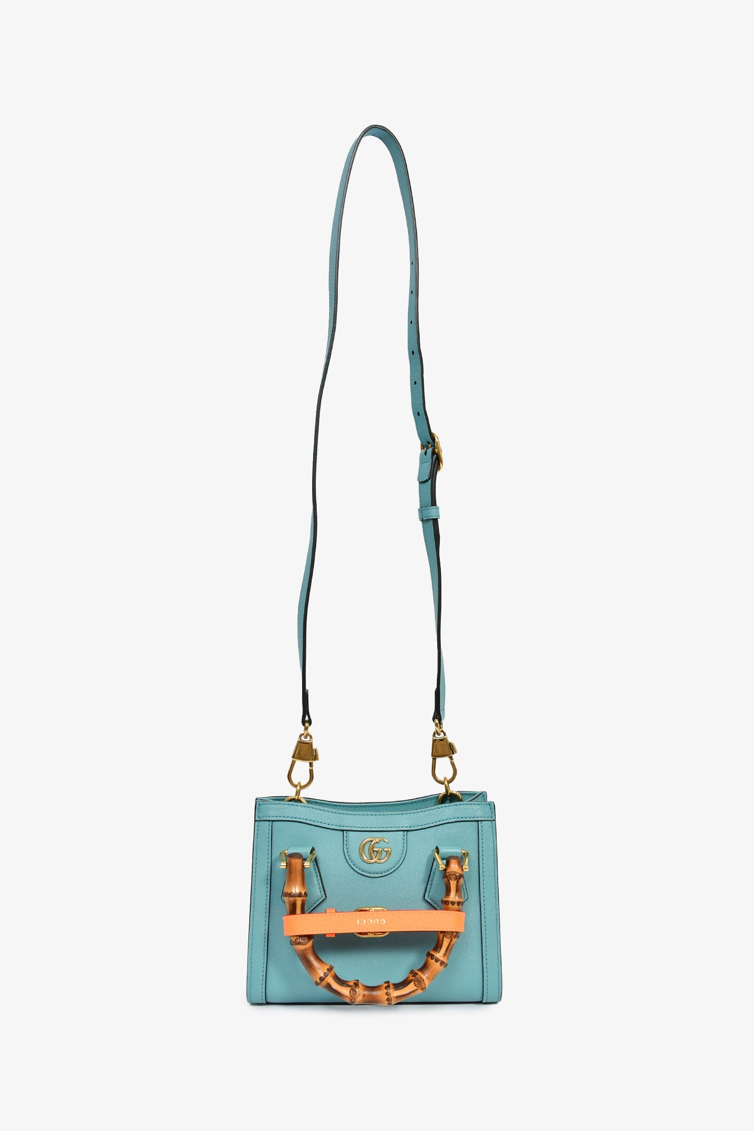 Gucci Blue Leather Orange Strap Detail 'Diana' Mini Tote Bag With Strap