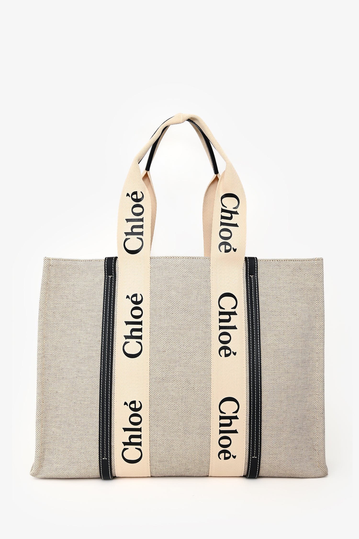 Chloe Beige/Navy Fabric Black Leather Trim Logo Woody Large Tote