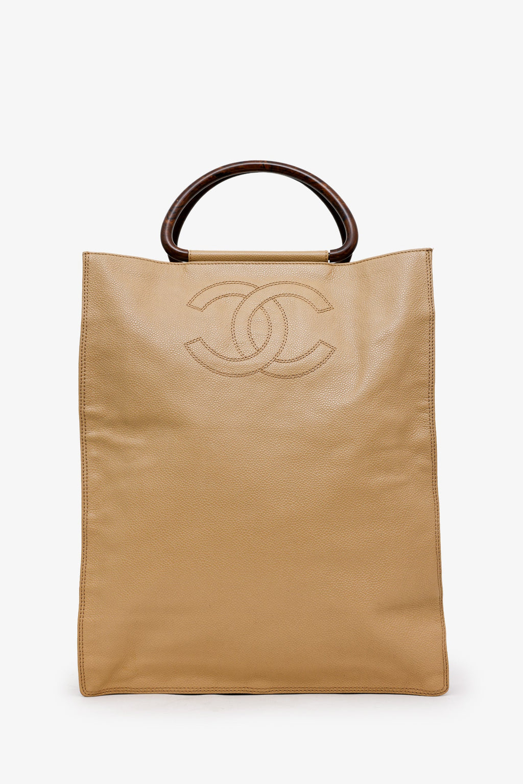 Chanel™ Beige Caviar Leather Wooden Top Handle Bag