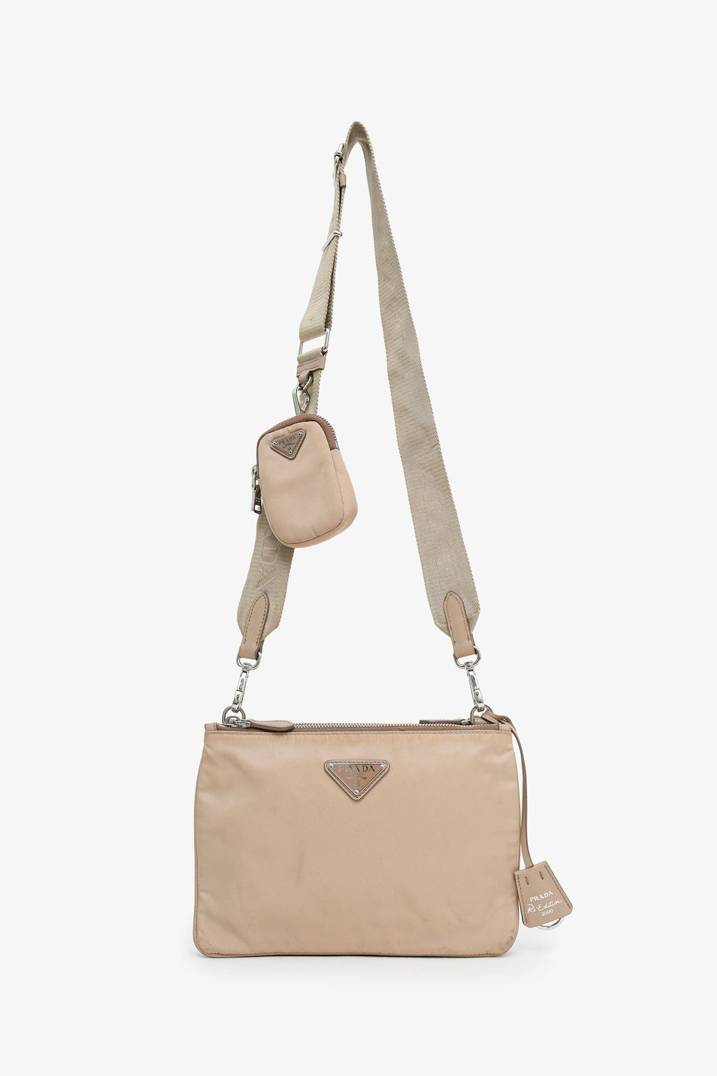 Prada Beige Re-Nylon Saffiano Re-Edition 2000 Double Zip Crossbody Bag