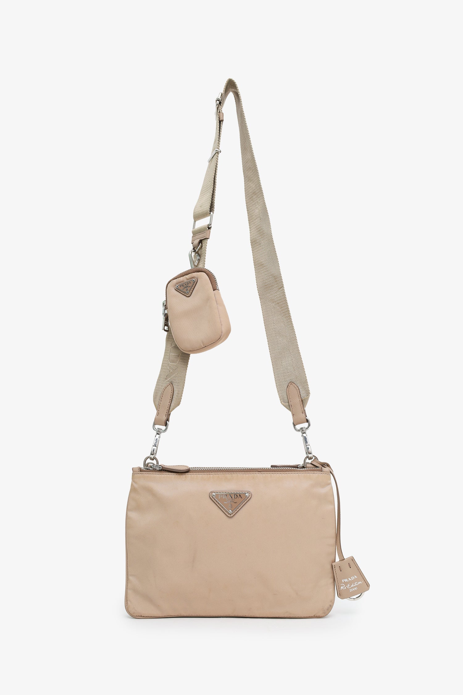 Prada Beige Re-Nylon Saffiano Re-Edition 2000 Double Zip Crossbody Bag