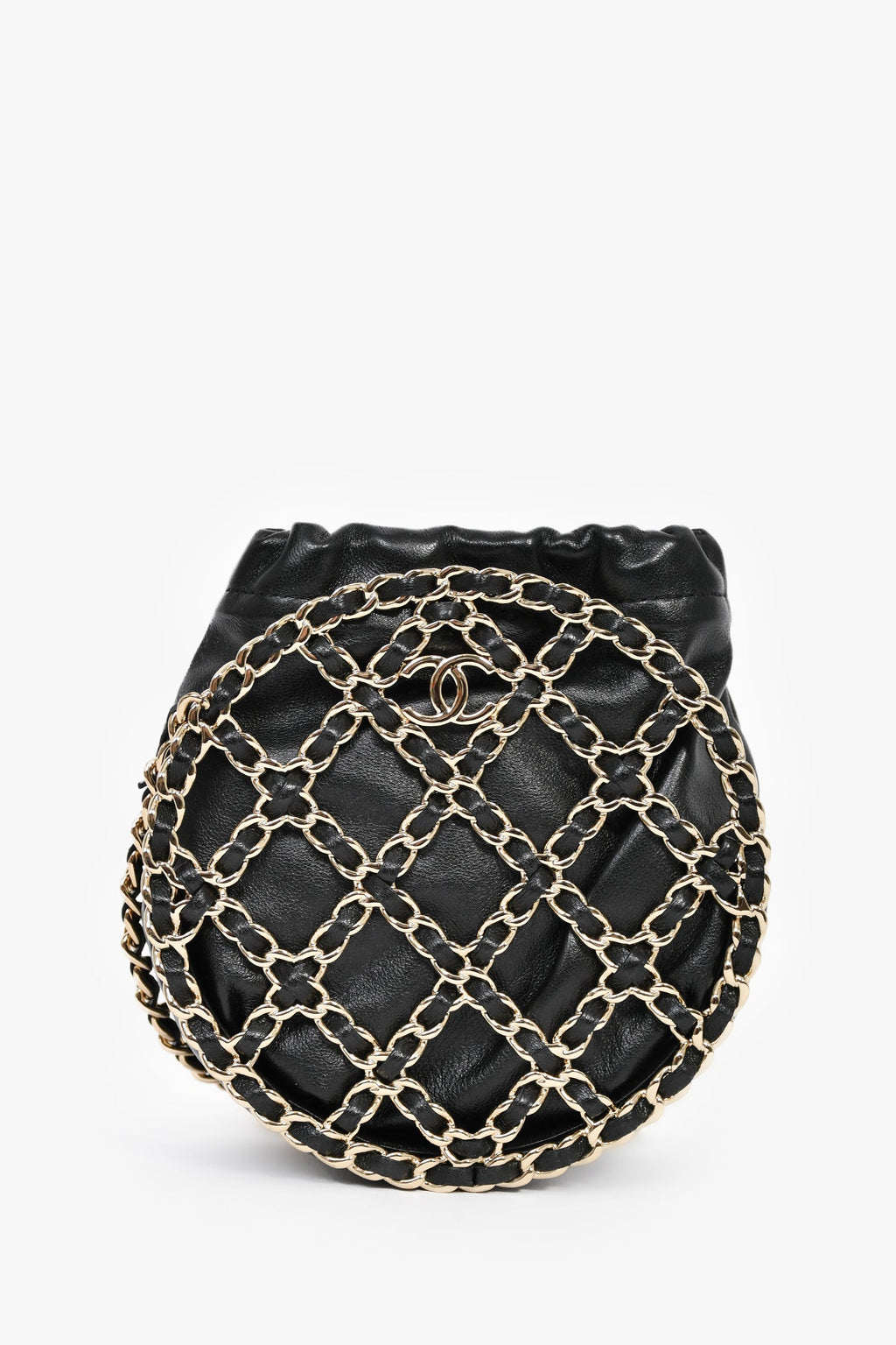 Chanel™ Runway 2022 Black Lambskin Leather CC Logo Round Caged Crossbody Bag