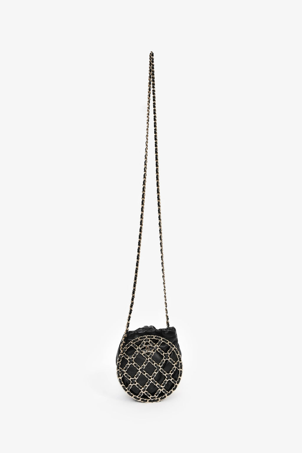 Chanel™ Runway 2022 Black Lambskin Leather CC Logo Round Caged Crossbody Bag
