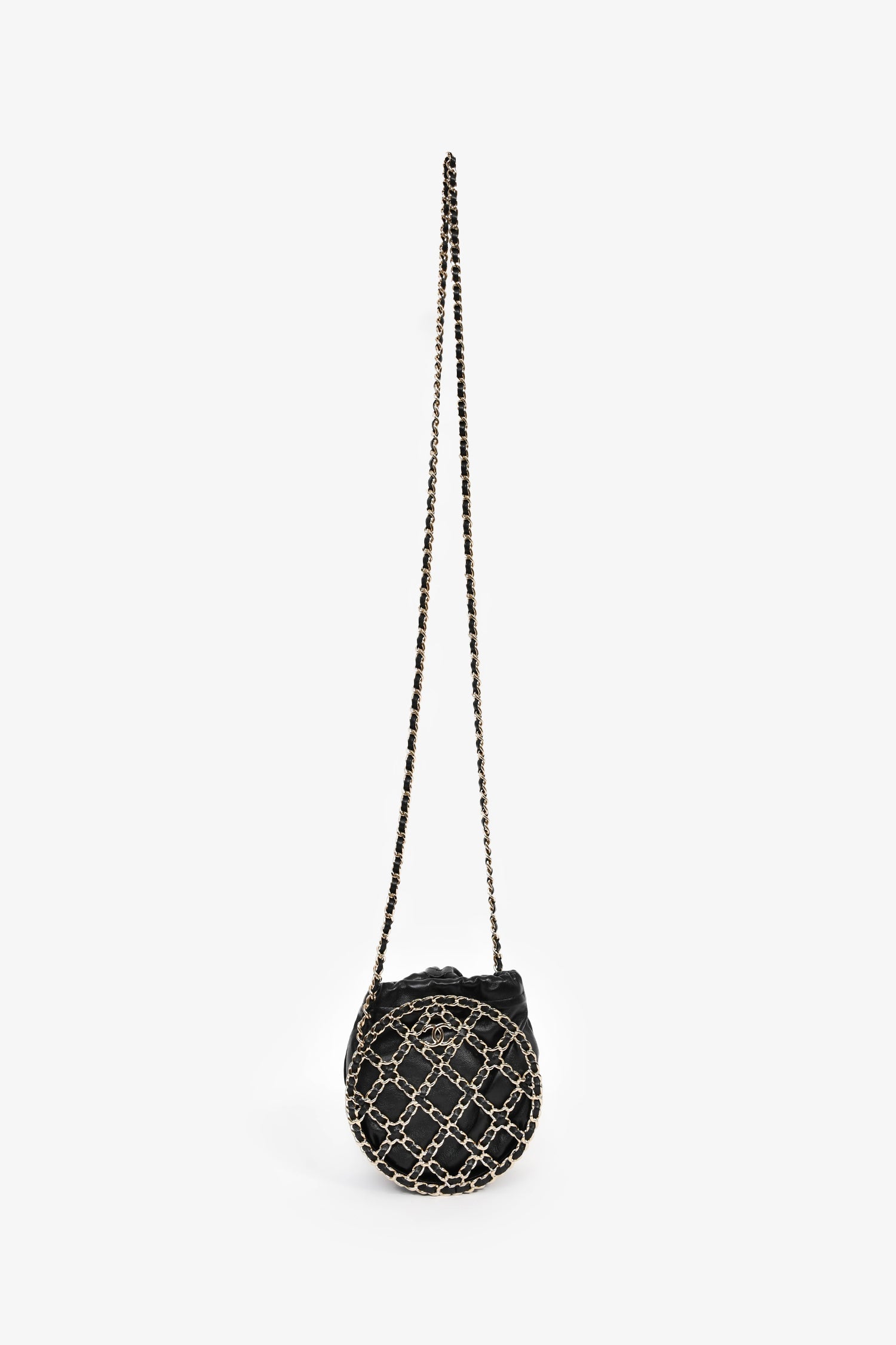 Chanel™ Runway 2022 Black Lambskin Leather CC Logo Round Caged Crossbody Bag
