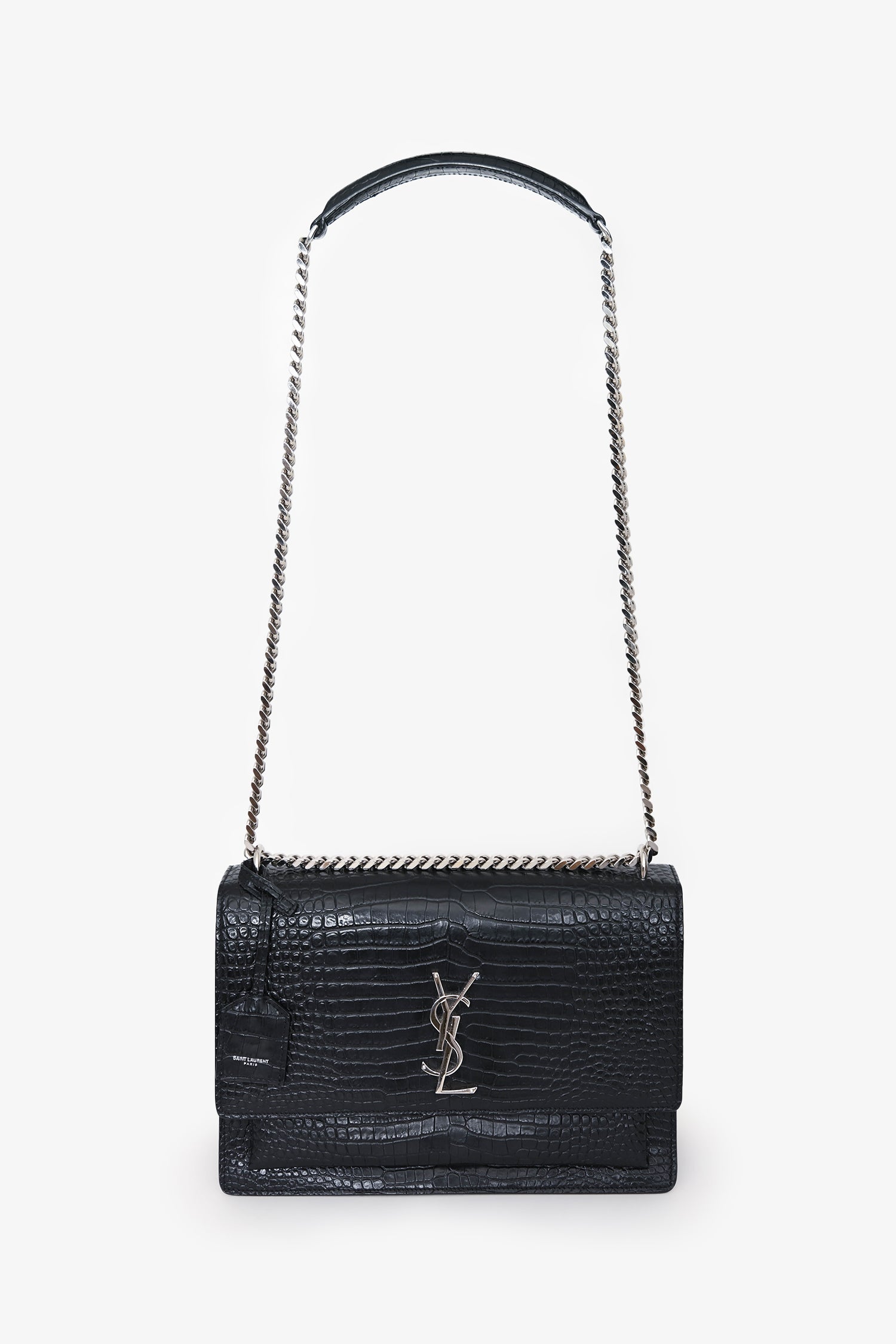 Yves Saint Laurent Black Embossed Croc Leather Medium Sunset Shoulder Bag