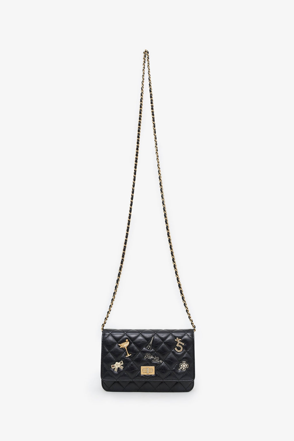 Chanel™ Black Quilted Aged Calfskin Leather Lucky Charms 2.55 Reissue Wallet on Chain