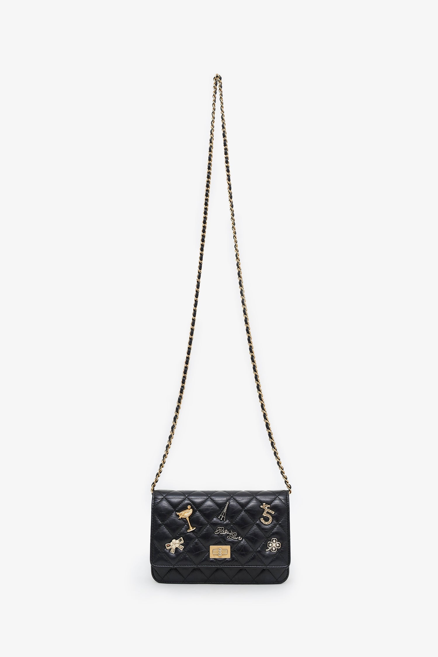 Chanel™ Black Quilted Aged Calfskin Leather Lucky Charms 2.55 Reissue Wallet on Chain