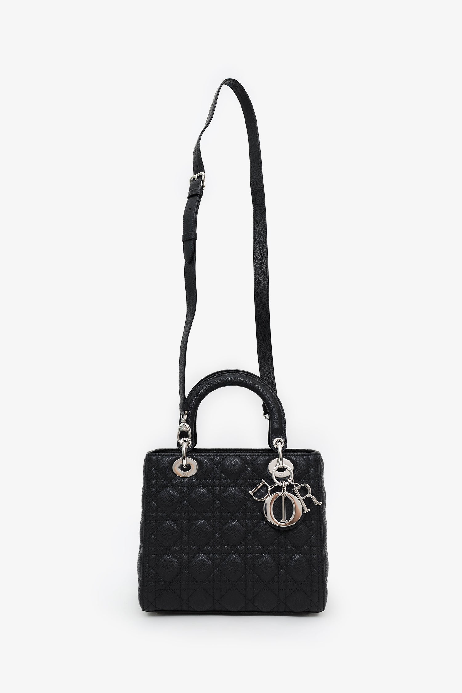 Christian Dior 2023 Black Grained Cannage Calfskin Medium Lady Dior Bag With Strap