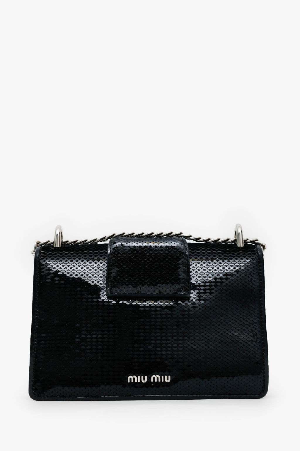 Miu Miu Black Sequin Leather Crystal Embellished Buckle Flap Shoulder Bag