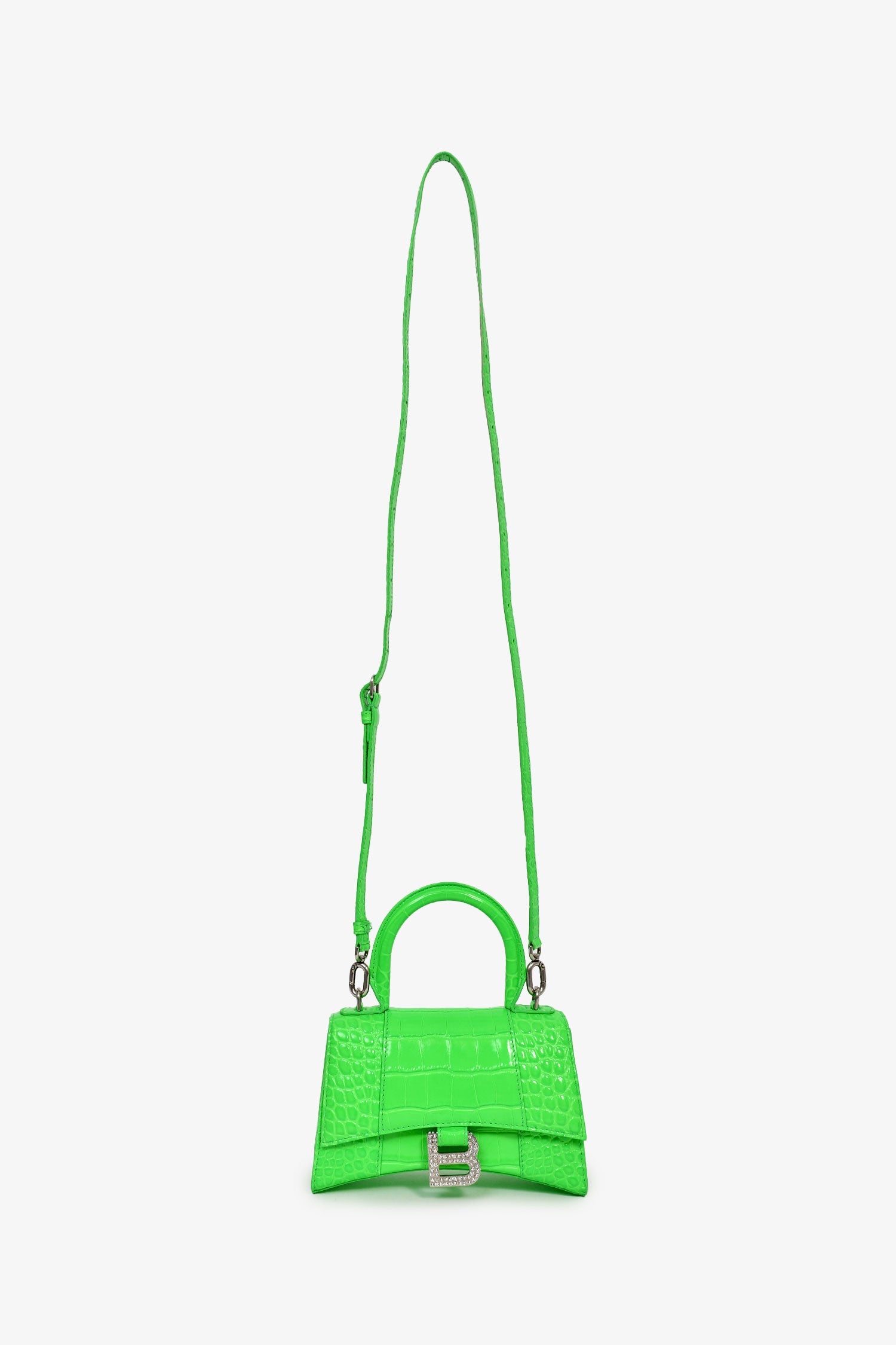 Balenciaga Green Croc Embossed Embellished XS Hourglass Top Handle Bag With Strap