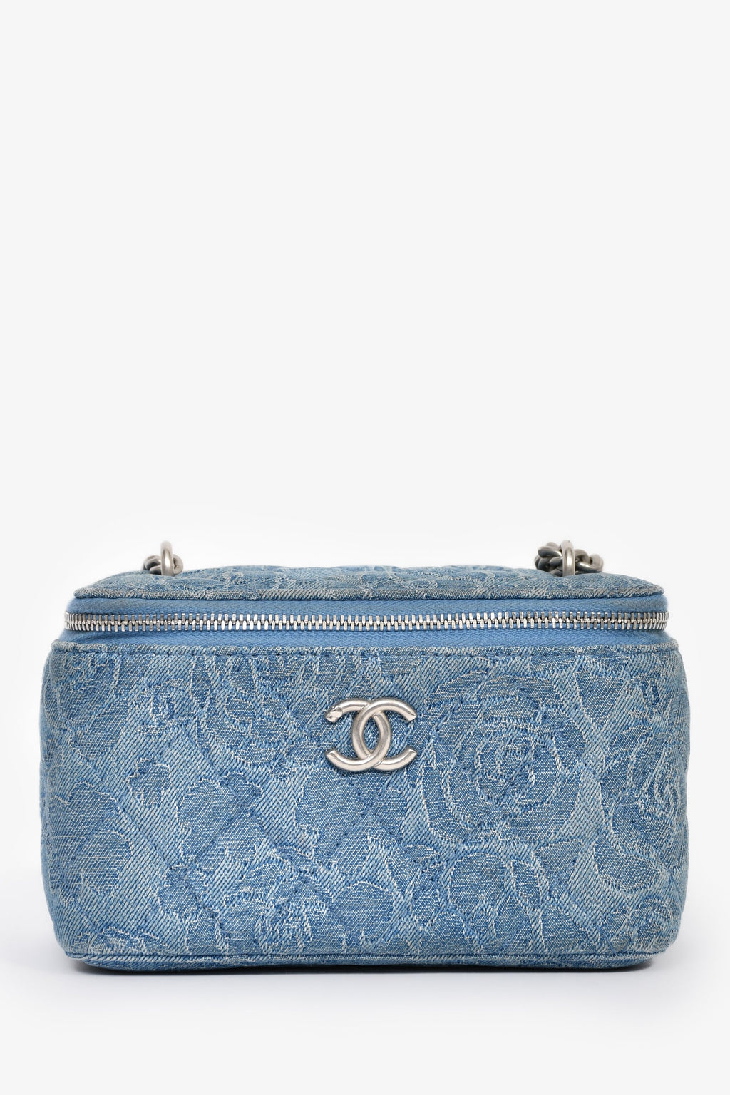 Chanel™ Blue Denim Quilted Camellia Case Chain Bag