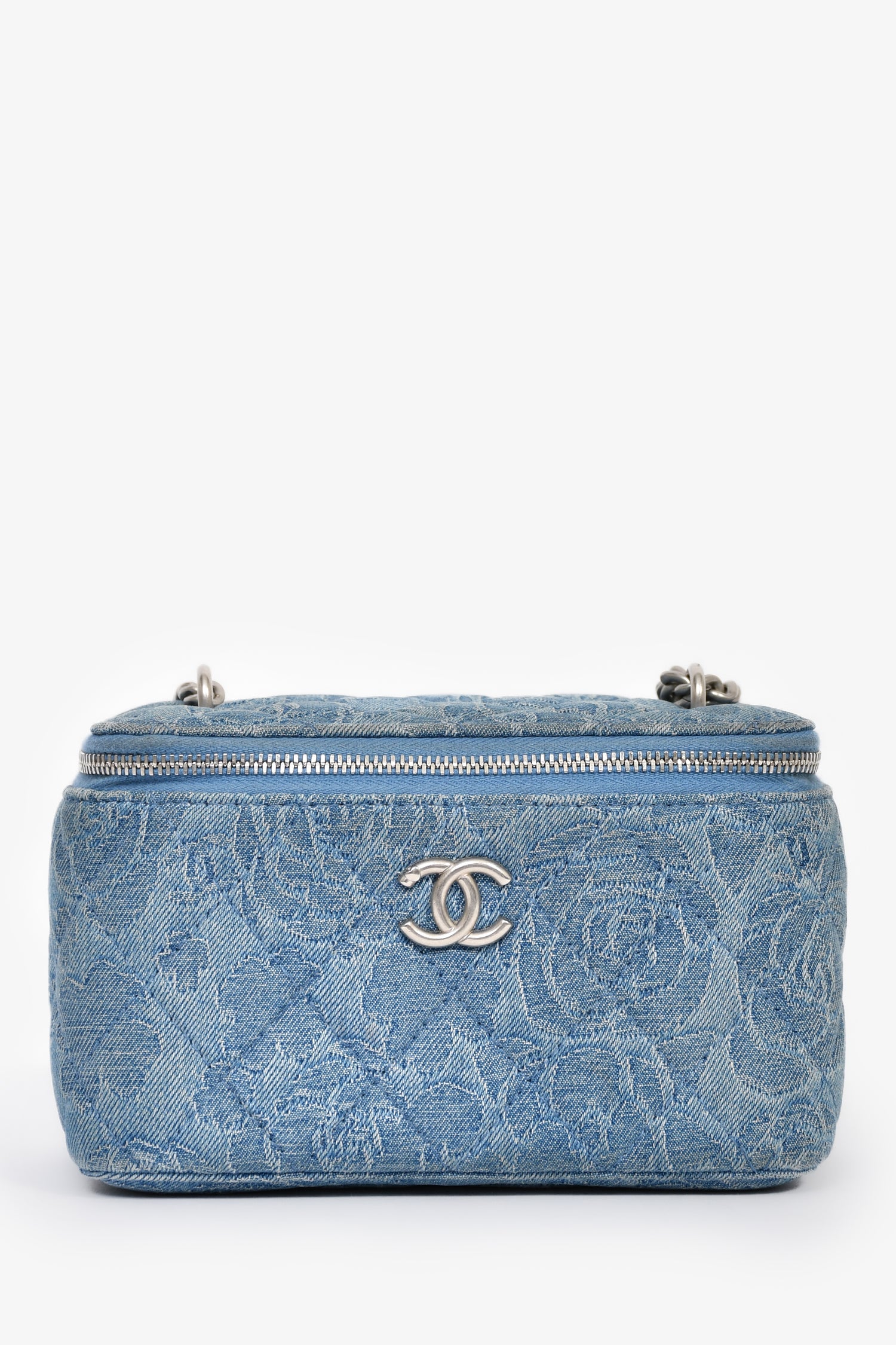 Chanel™ Blue Denim Quilted Camellia Case Chain Bag