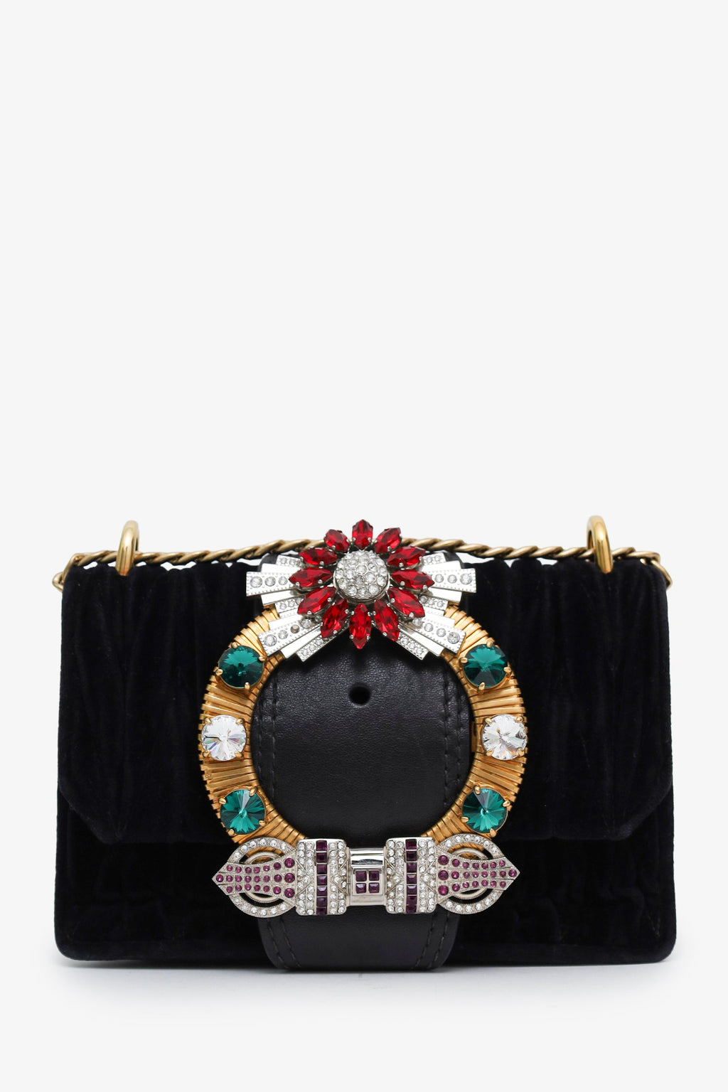 Miu Miu Black Velvet Crystal Buckle Flap Bag