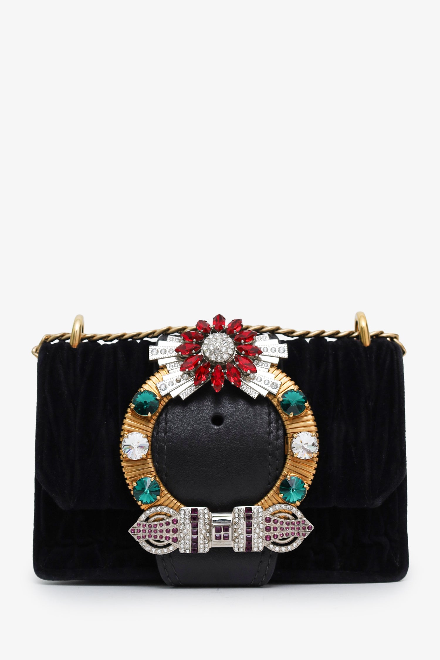 Miu Miu Black Velvet Crystal Buckle Flap Bag